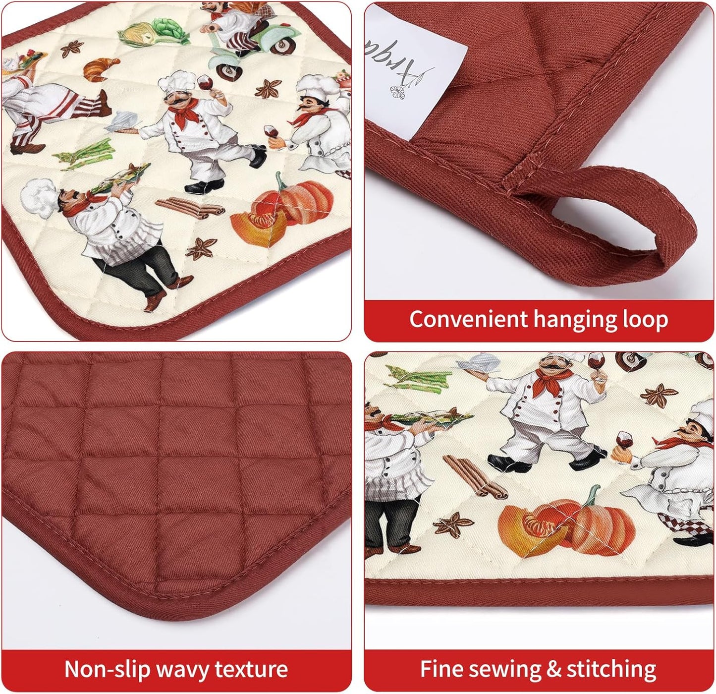 Chef Oven Mitts and Pot Holders Sets 2Pcs, 100% Cotton Heat Resistant, Extra Long Oven Gloves Potholder for Kitchen Cooking Baking Decoration