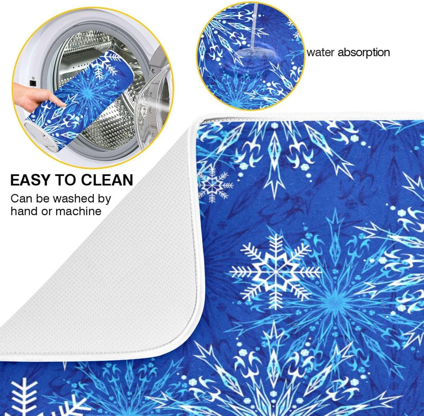Blue Christmas Snowflakes Dish Drying Mat for Kitchen Counter Absorbent Microfiber Drying Pad, Large 18x24 in, Reversible Drainer Mats