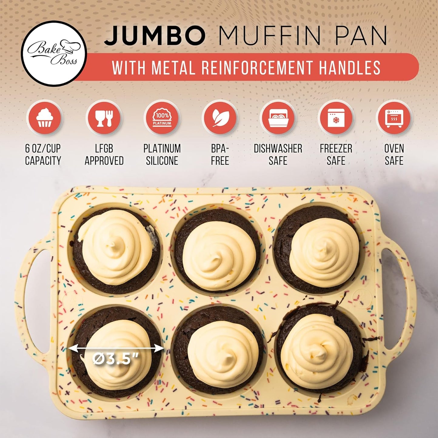 Confetti Silicone Jumbo Muffin Pan 6 Cup–Non-Stick Cupcake Pans for Baking, Heavy-Duty Large Silicone Muffin Pans for Baking, BPA-Free, Easy-Release, Oven & Dishwasher Safe