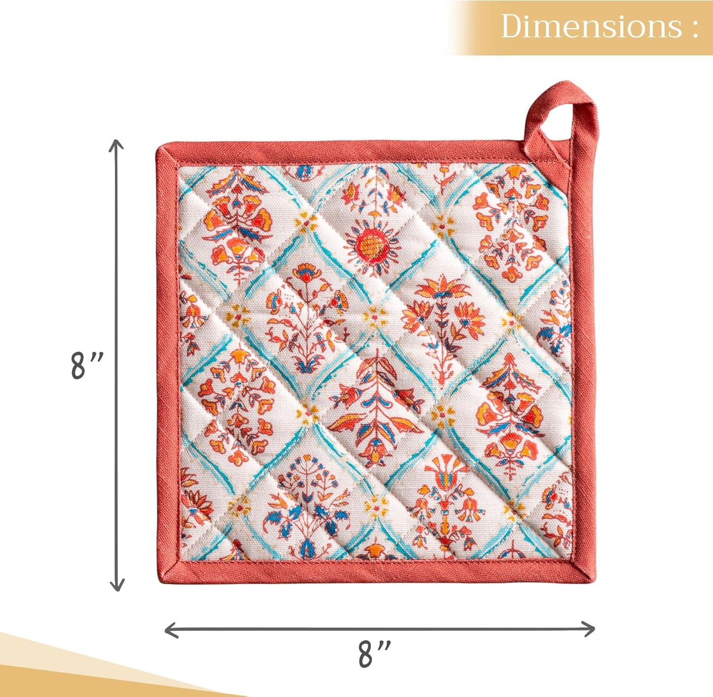 Maison d' Hermine Pot Holders 100% Cotton Heat Resistant Potholders 8" x 8" Hot Pads with Loop BBQ, Cooking, Baking, Grilling, Kitchen, Handling Hot Pans (Pack of 1, Romane)