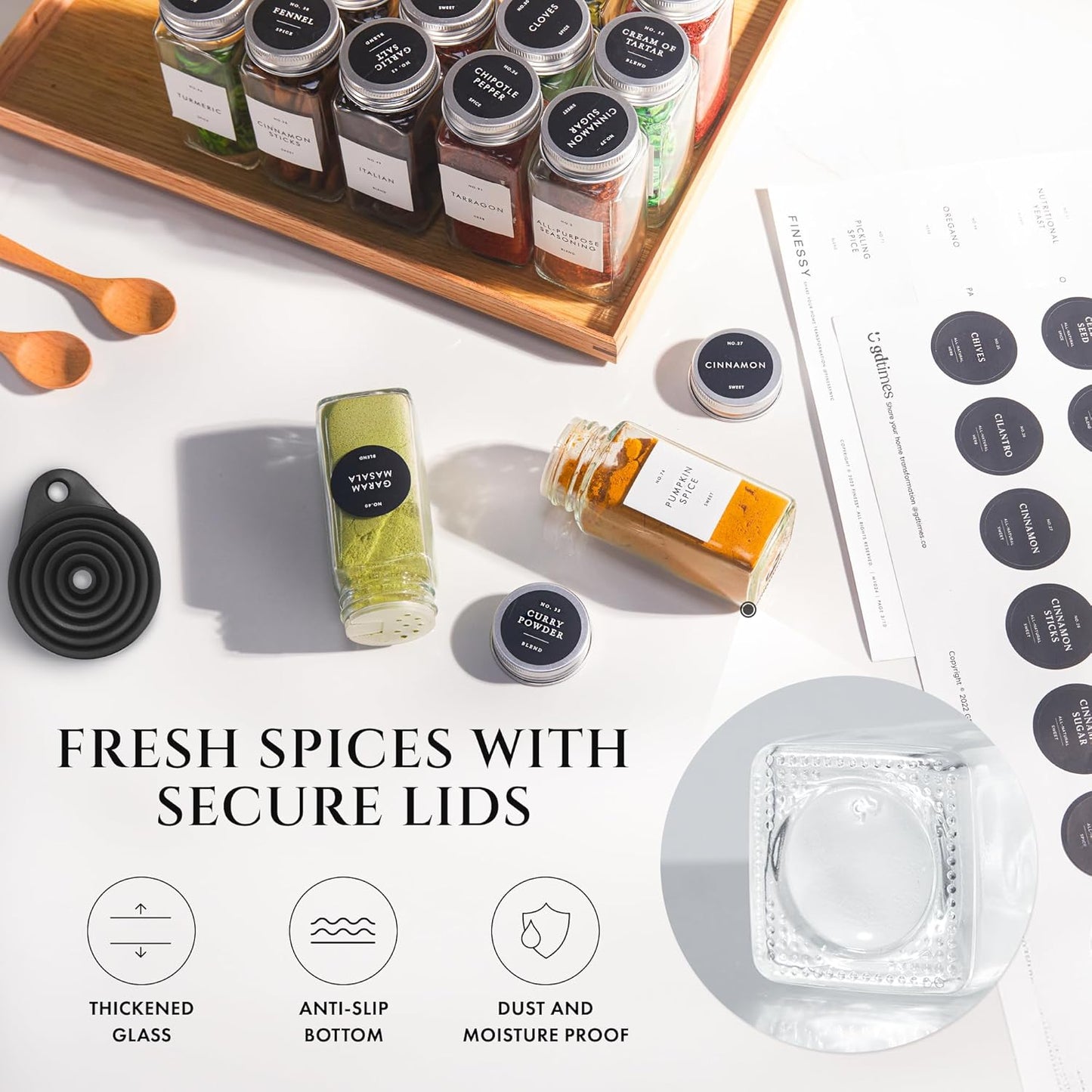 Glass Spice Jars with Labels with Metal Lids and Shakers Minimalist 24 Pack Set, 4oz Small Clear Empty Spice Bottles Seasoning Containers with Label Organizer Square Herb Seasoning Jars for Kitchen