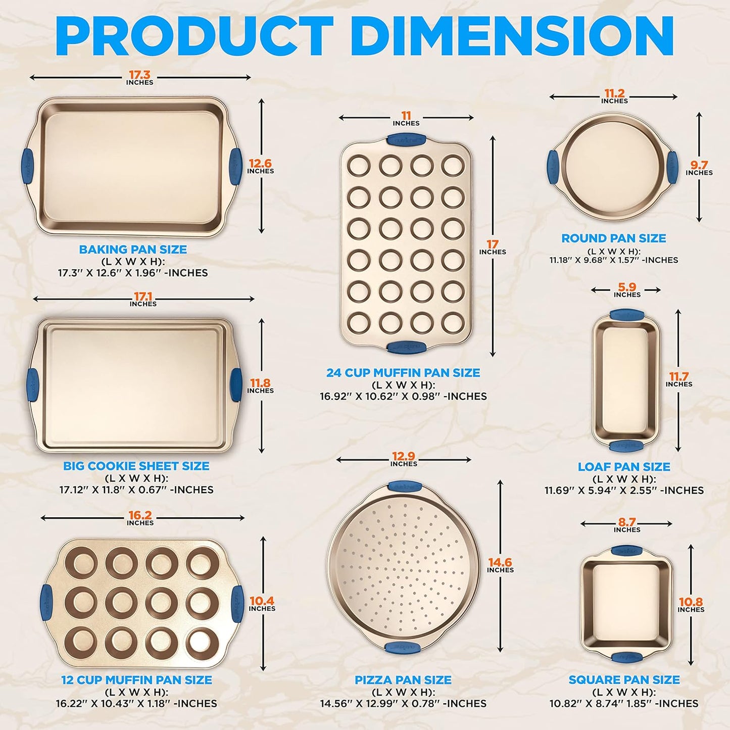 NutriChef 10-Piece Nonstick Bakeware Set - Premium Carbon Steel Baking Trays w/Heatsafe Silicone Handles, Includes Pizza Crisper, Loaf Pan, 12 & 24 Cup Muffin Pans, Round/Square Pans, Cookie Sheets