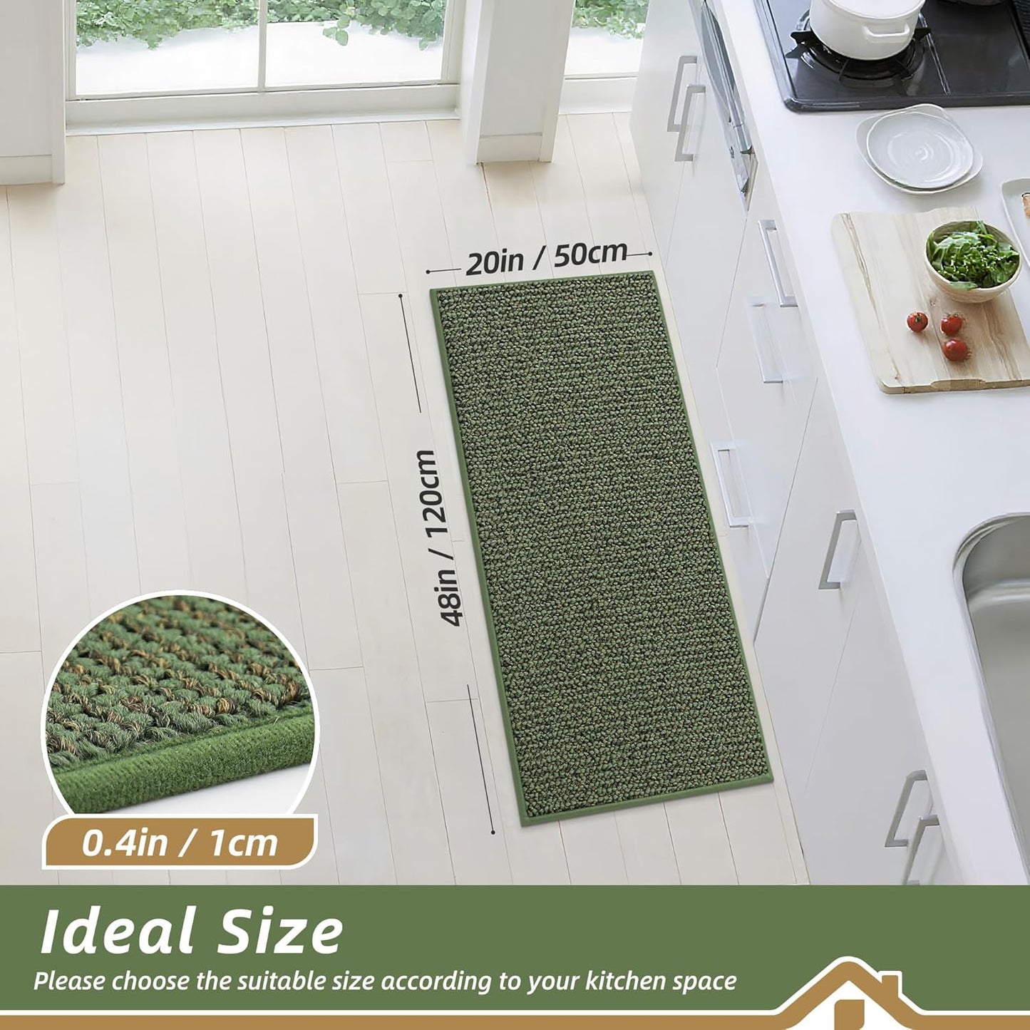 BEQHAUSE Kitchen Runner Rugs 20"x48", Non-Slip Kitchen Mats for Floor, Super Absorbent and Stain Resistant Kitchen Rug, Machine Washable Rugs for Kitchen, Hallway, Laundry & Sink, Green