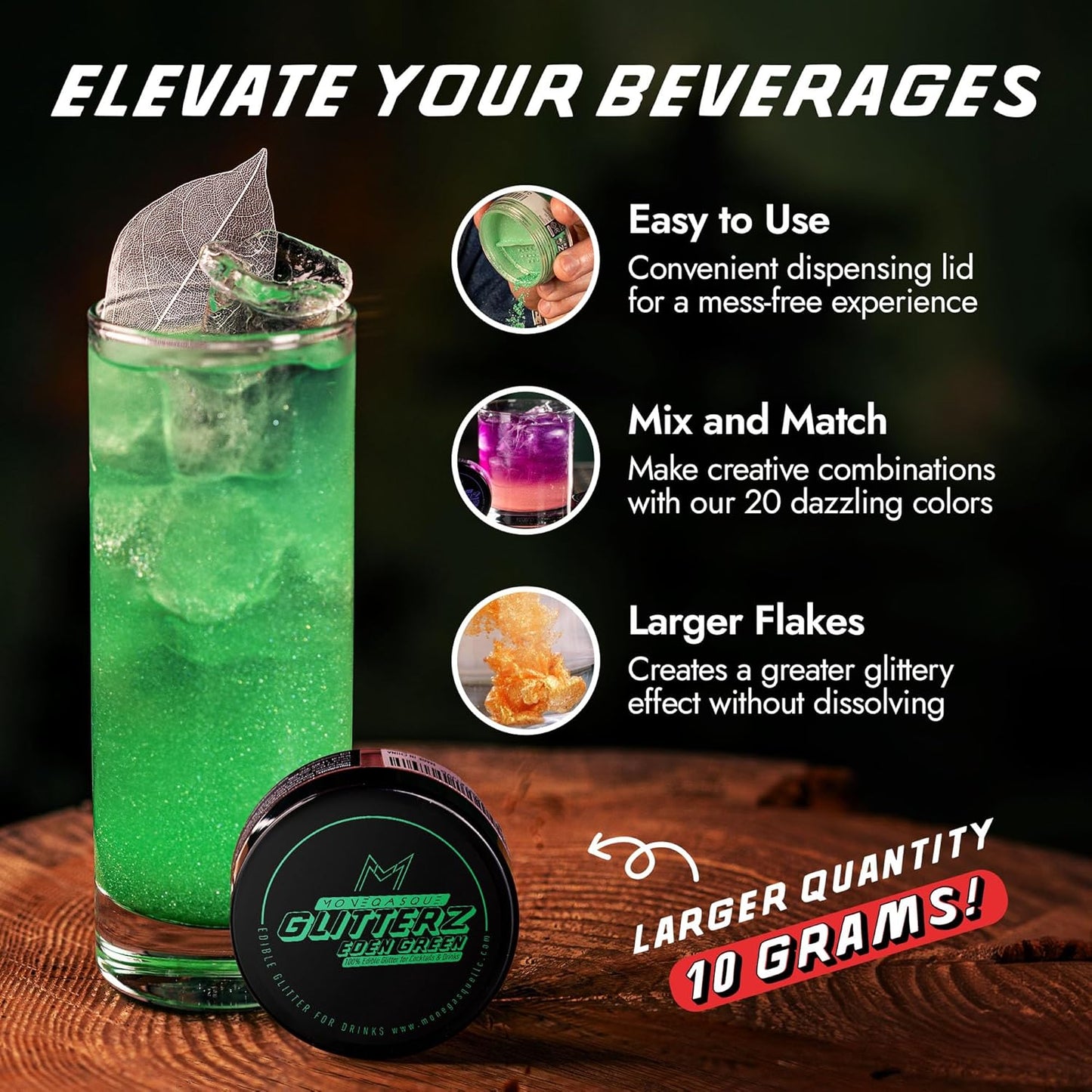 MONÉGASQUE Eden Green Edible Glitter for Drinks 10g – Edible Glitter for Cakes & Cocktails – Food Coloring Spray for Halloween Cake Decorations – Cocktail Drink Shimmer – Green Sprinkles for Cake