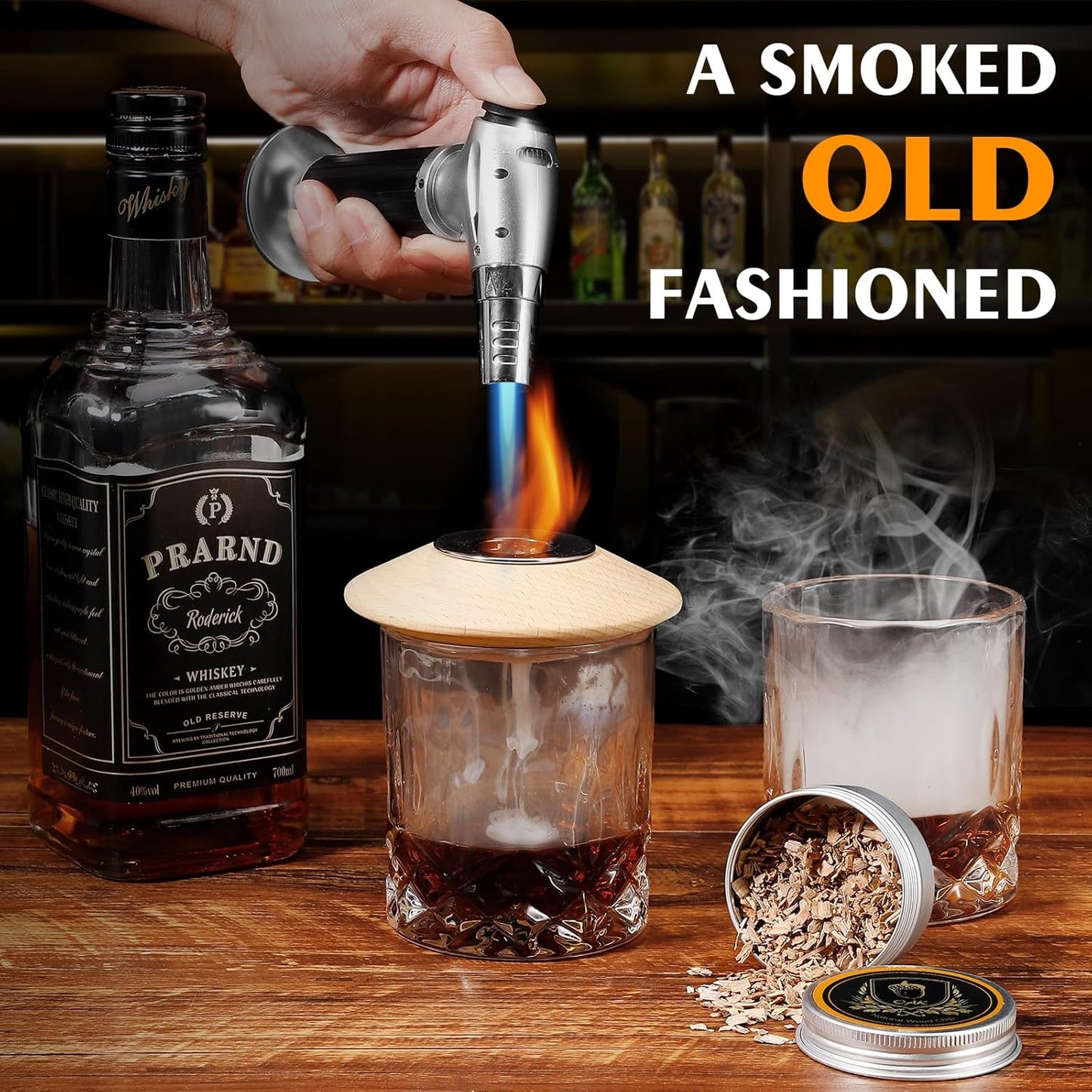 Whiskey Cocktail Smoker Kit with Torch, 6 Flavors Wood Chips, 2 Whiskey Glasses, 2 Ice Ball Molds, Bourbon Old Fashioned Drink Smoker Kit, Gifts for Men, Dad, Husband, Boyfriend(No Butane)