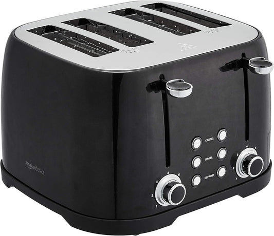 Amazon Basics 4 Slice Toaster, 6 Browning Settings, Removable Crumb Tray, Bagel and Defrost Function, Cancel Button, 1600W, Black