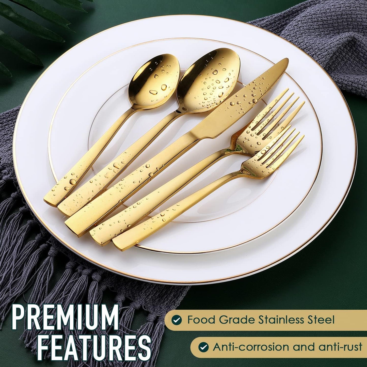 Gold Silverware Set, OGORI 30-Piece Gold Forged Stainless Steel Flatware Set with Square Handle, Service of 6