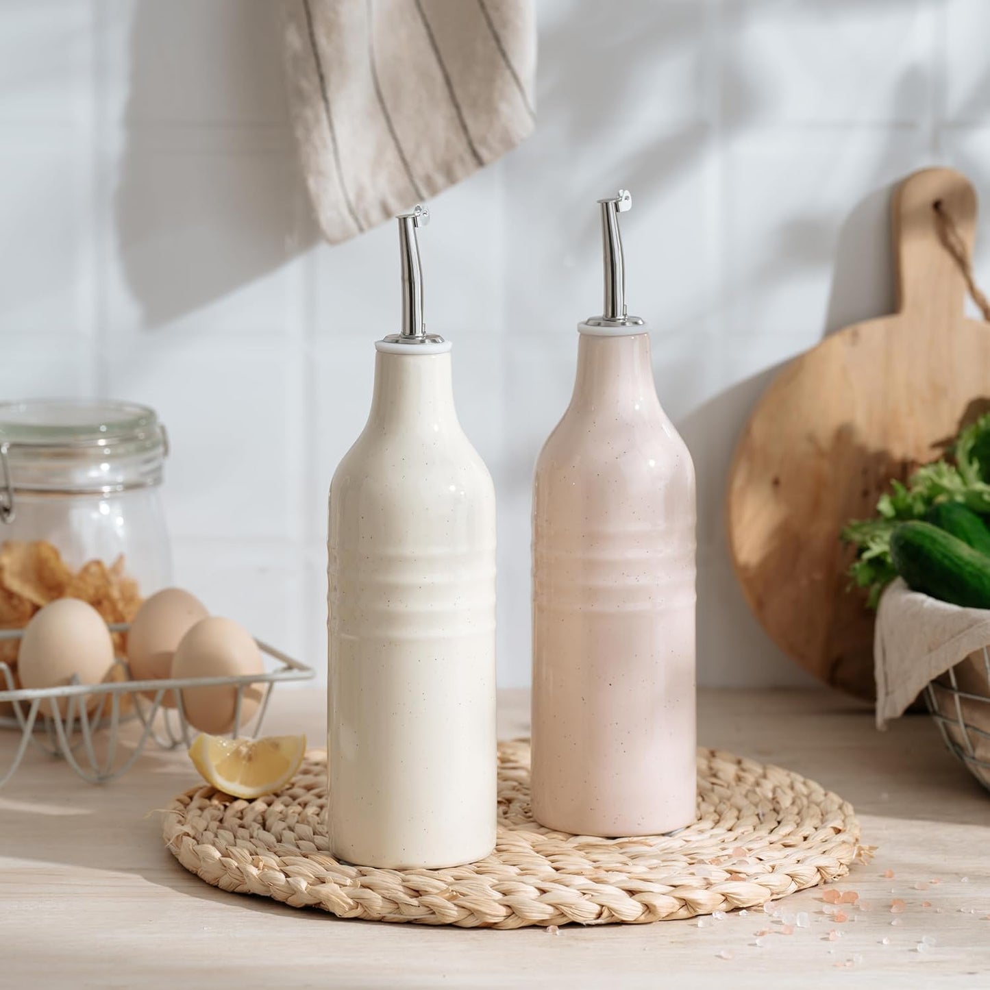 famiware Jupiter 16oz Ceramic Olive Oil Dispenser Bottle, Olive Oil and Vinegar Dispenser Bottle Set of 2 with Stainless Steel Pourers, Suitable for Storage Vinegar, Vanilla White & Light Pink