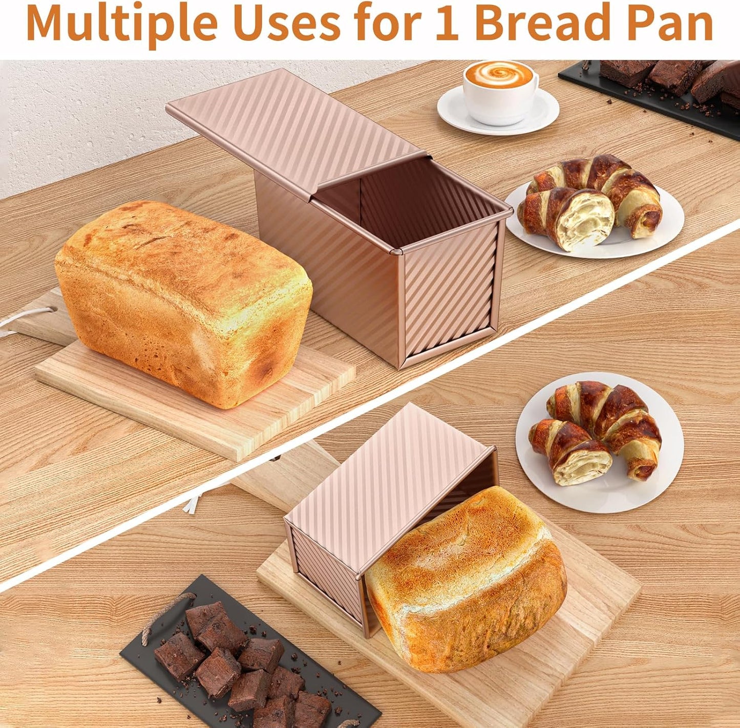 2 Pack Pullman Loaf Pan with Lid - Nonstick Bread Baking Pans for Homemade, Carbon Steel Toast Mold with Cover for Toaster Oven, Gold (1.2 lb & 0.67 lb)