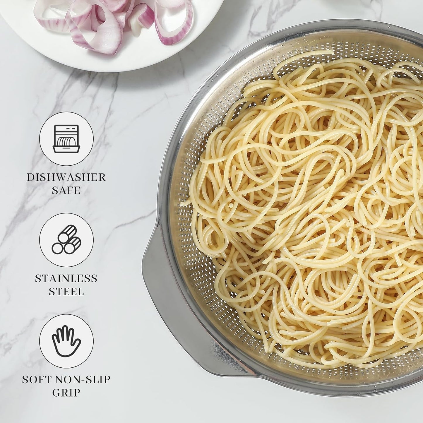 18/8 Stainless Steel Microwell Colander, 5QT Large Capacity with Handle Kitchen Food Strainer Basket for Washing Vegetables, Fruits, Rice, and Pasta (primary colour, 5QT)