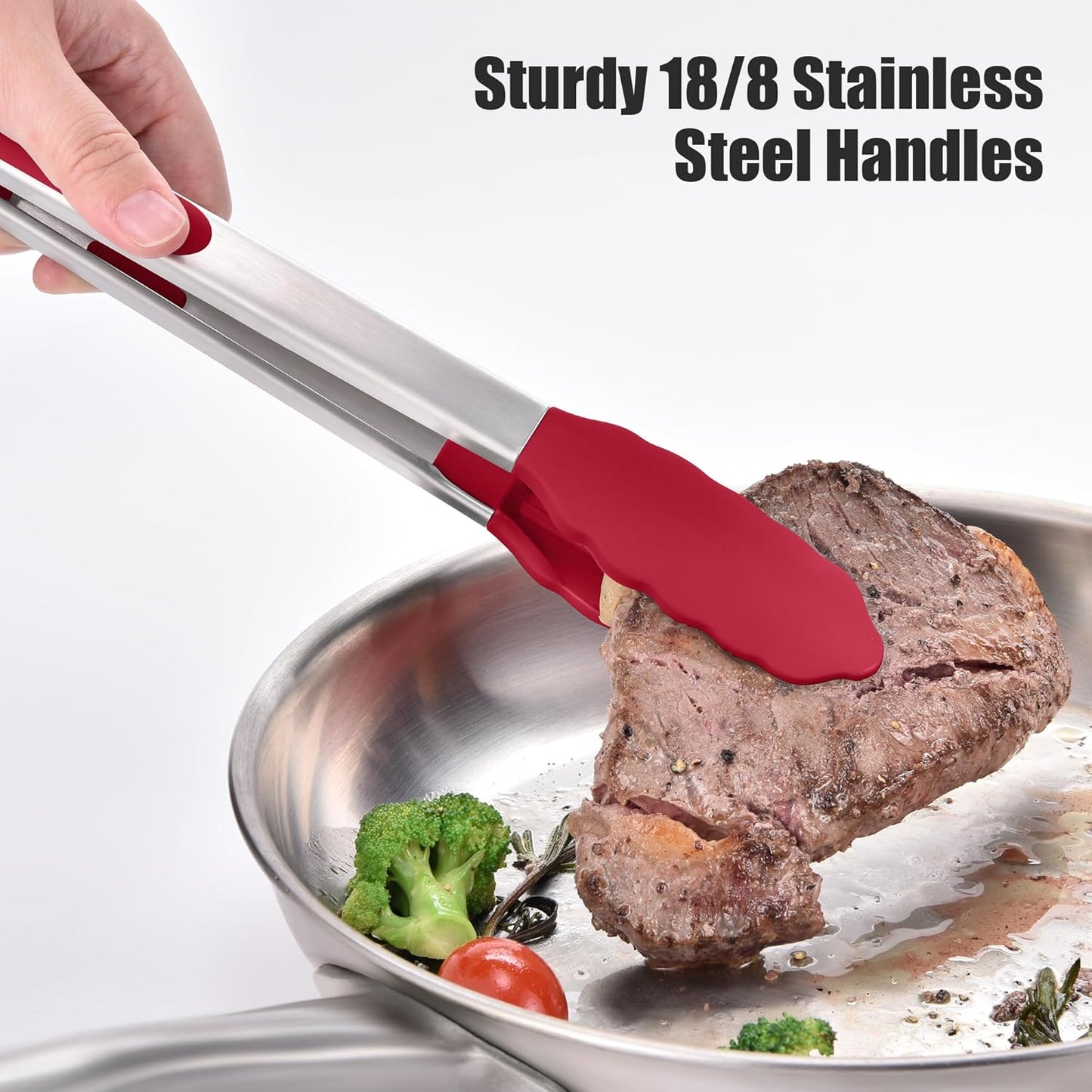Doosu Kitchen Tongs for Cooking - 600°F Heat Resistant Food Tong Set with Non-Scratch Silicone Tips, Heavy Duty Stainless Steel Locking Tong for BBQ, Grilling Steak, Serving Salad (7+9+12in, Red)