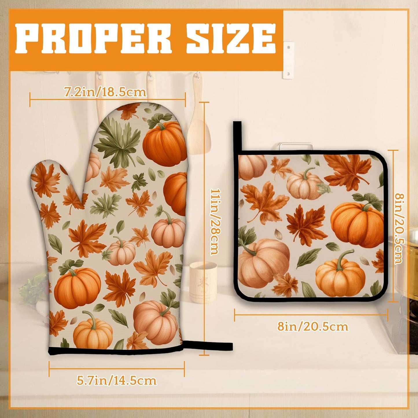 Fall Pumpkin Oven Mitts and Pot Holders,Maple Leaf Heat Resistant Oven Mitts Gloves and Pot Holder for Home Kitchen Decorations Cooking Baking BBQ Gifts,Set of 4