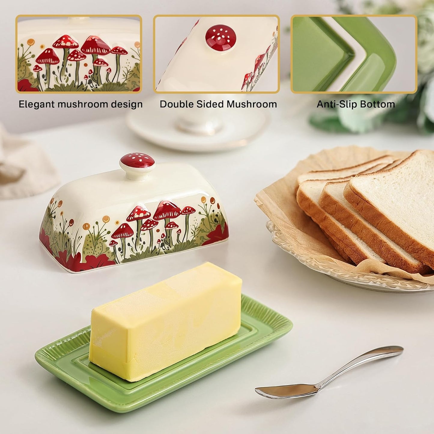 Fungi Fun Mushroom Butter Dish With Lid For Countertop Ceramic Butterdish, Red Mushroom Butter Container, Butter Tray Large Butter Dish Covered (White, Standard)