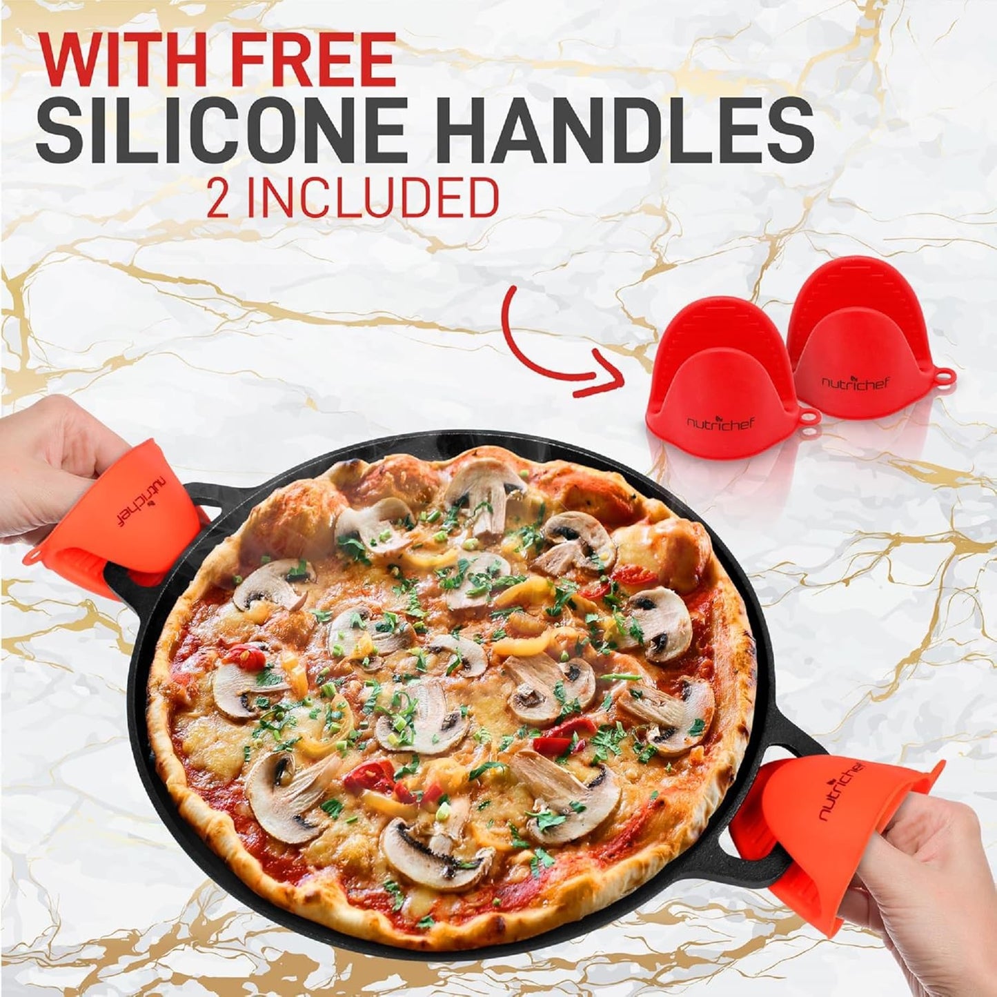 NutriChef 13-Inch Flat Cast Iron Pizza Pan - Versatile Pre-Seasoned Round Cooking Griddle w/ Built-In Handles for Oven, Grill, Stove, and Campfires