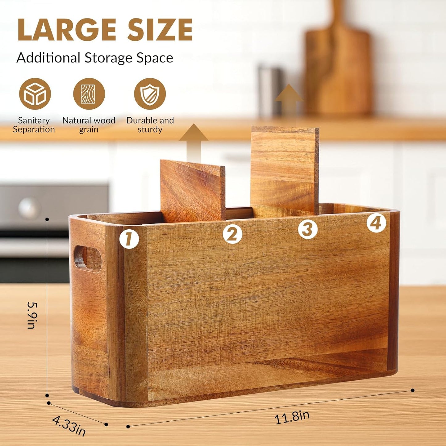 Kitchen Utensil Holder for Counter or Countertop, Extra Large Acacia Wood Organizer with 3 Compartments, Wooden Storage for Cooking and Silverware, Rustic Minimalist Decor, Sturdy Utensil Crock