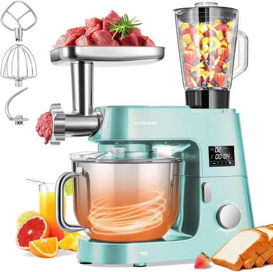VIVOHOME 9 in 1 Multifunctional Stand Mixer with Fermentation, 6 Speed 7.5 Quart Kitchen Electric Food Mixer with Timer, Meat Grinder, Juice Blender, Vegetable Slicer, Pasta and Cookie Maker, Blue