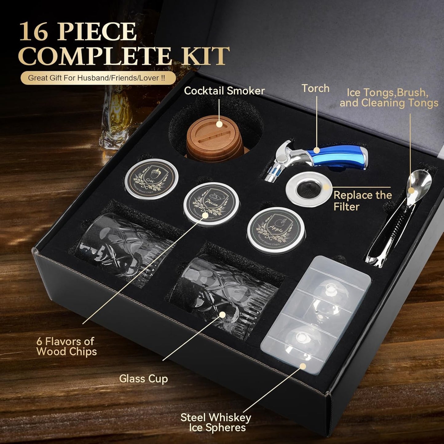 Whiskey Smoker Kit with Torch - Old Fashioned Cocktail Smoker Kit with 6 Flavors Wood Chips | Bourbon Drink Smoke Set with 2 XL Stainless Steel Ice Balls & 2 Glasses for Men, Dad(No Fuel Included)