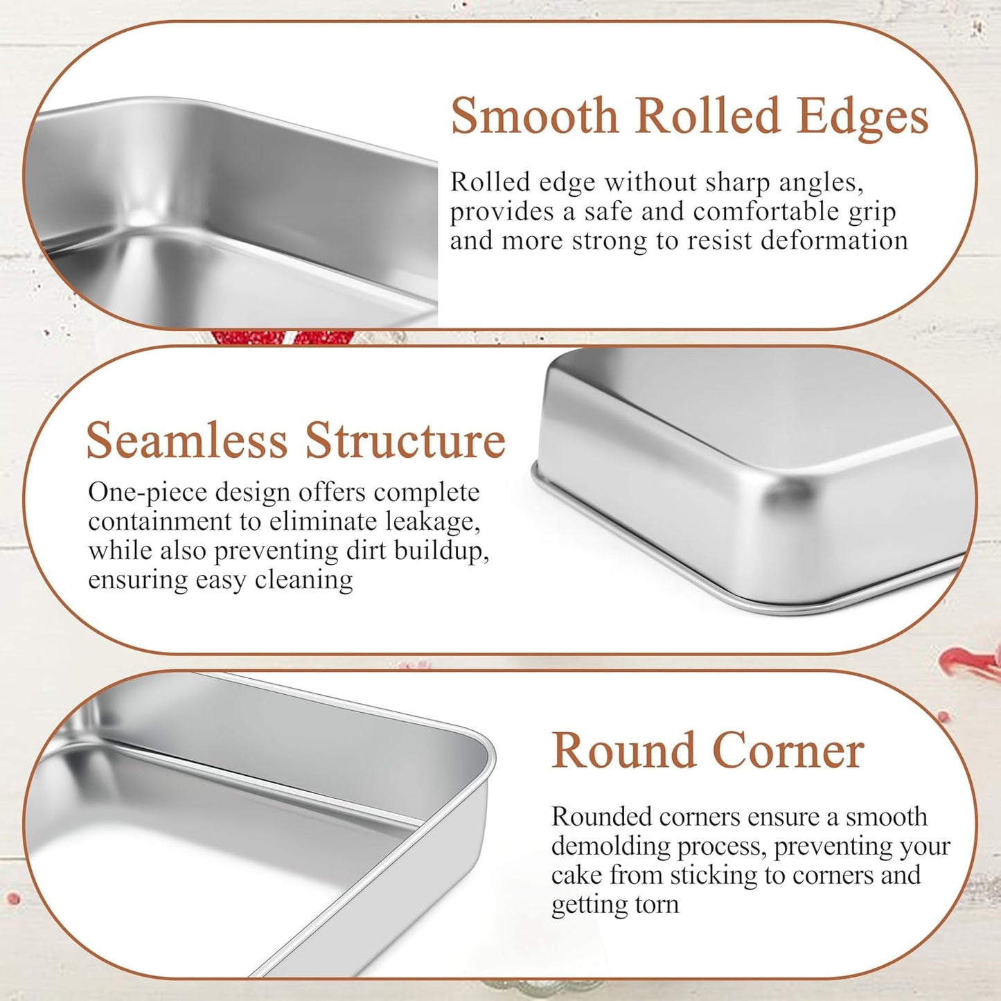 LIANYU 12⅓ x 9¾ x 2 Inch Cake Baking Pan Set of 4, Toaster Oven Pan for Brownies Lasagna Casseroles Cookie Meat, Stainless Steel Rectangle Bakeware Set, Heavy Duty & Mirror Polished, Dishwasher Safe