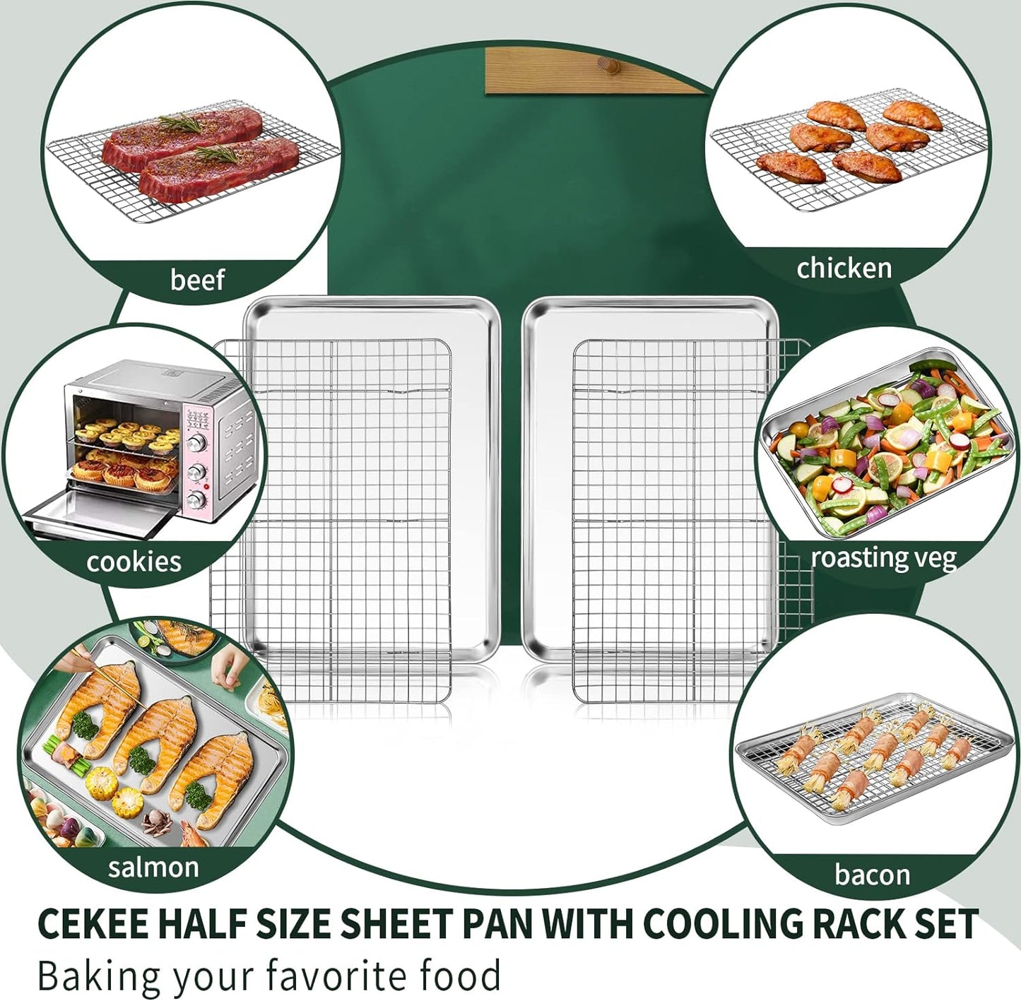 Half Sheet Pans with Rack Set [2 Pans + 2 Racks], CEKEE Stainless Half Size Large Baking Sheets with Rack -18 Inch Baking Tray Set- Rust & Warp Resistant & Heavy Duty Large Cookie Sheet