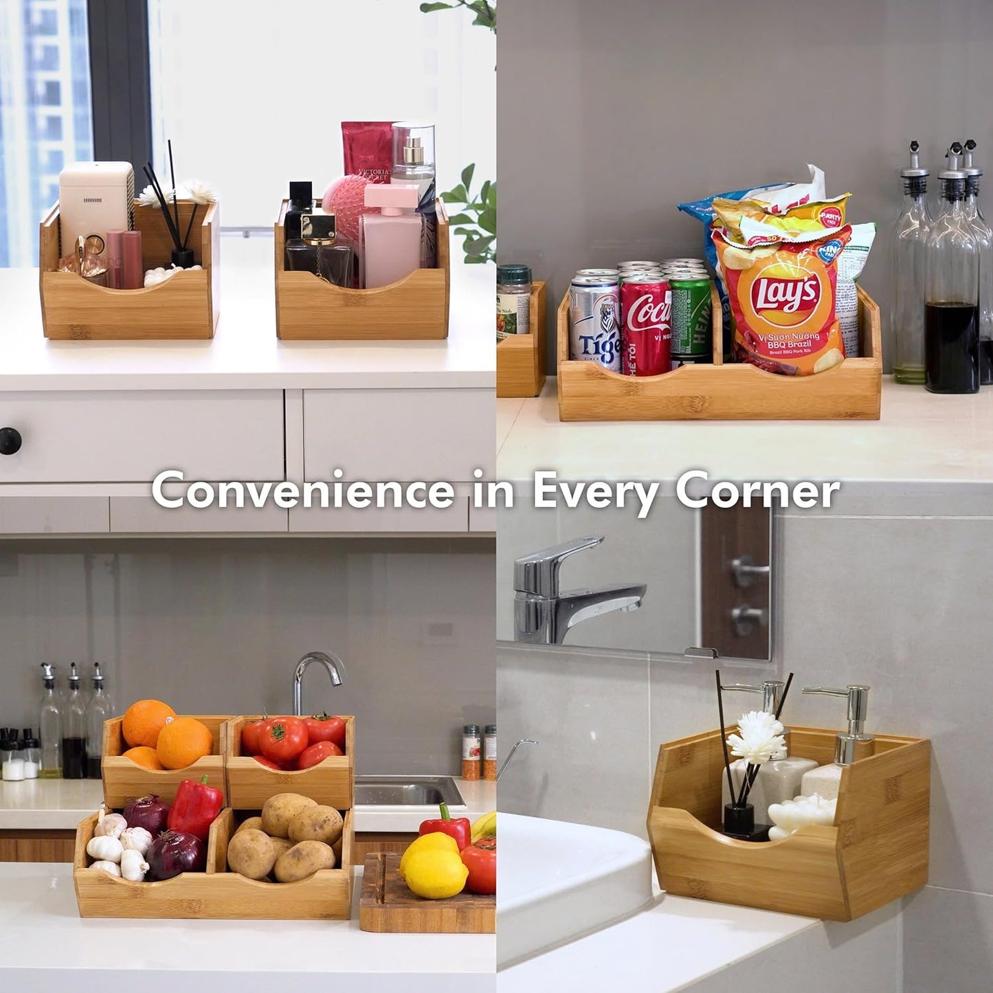 HOMESTEAD Bamboo Pantry Storage Bins - Stackable Baskets, Potato and Onion Storage for Pantry Organization, Set 3 Pieces