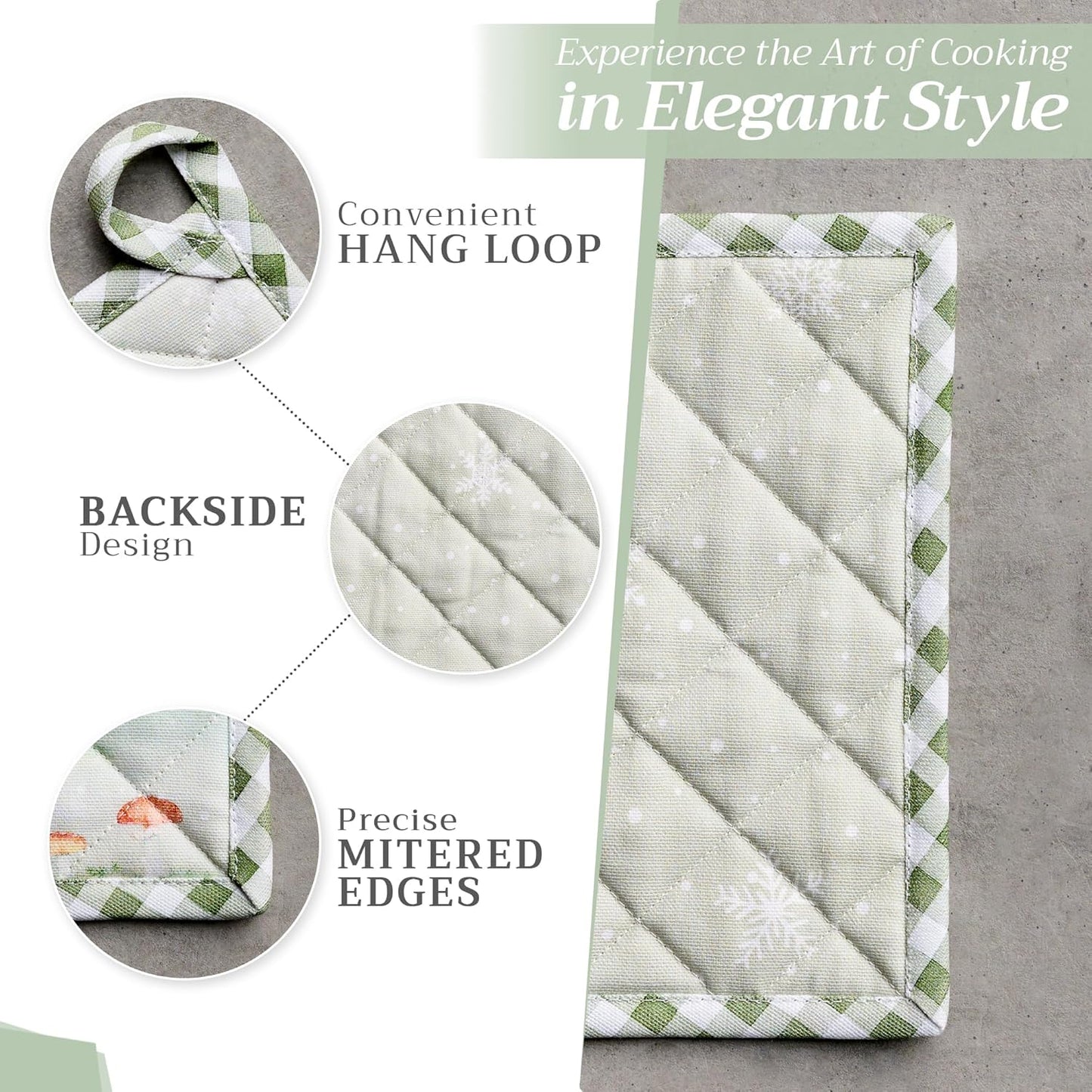 Maison d' Hermine 100% Cotton Oven Mitt & Pot Holder Set (7.5"x13" & 8"x8") Heat Resistant BBQ Cooking Gloves with Loop, Baking, Grilling, Kitchen, Handling Hot Pans (Winter Mornings)