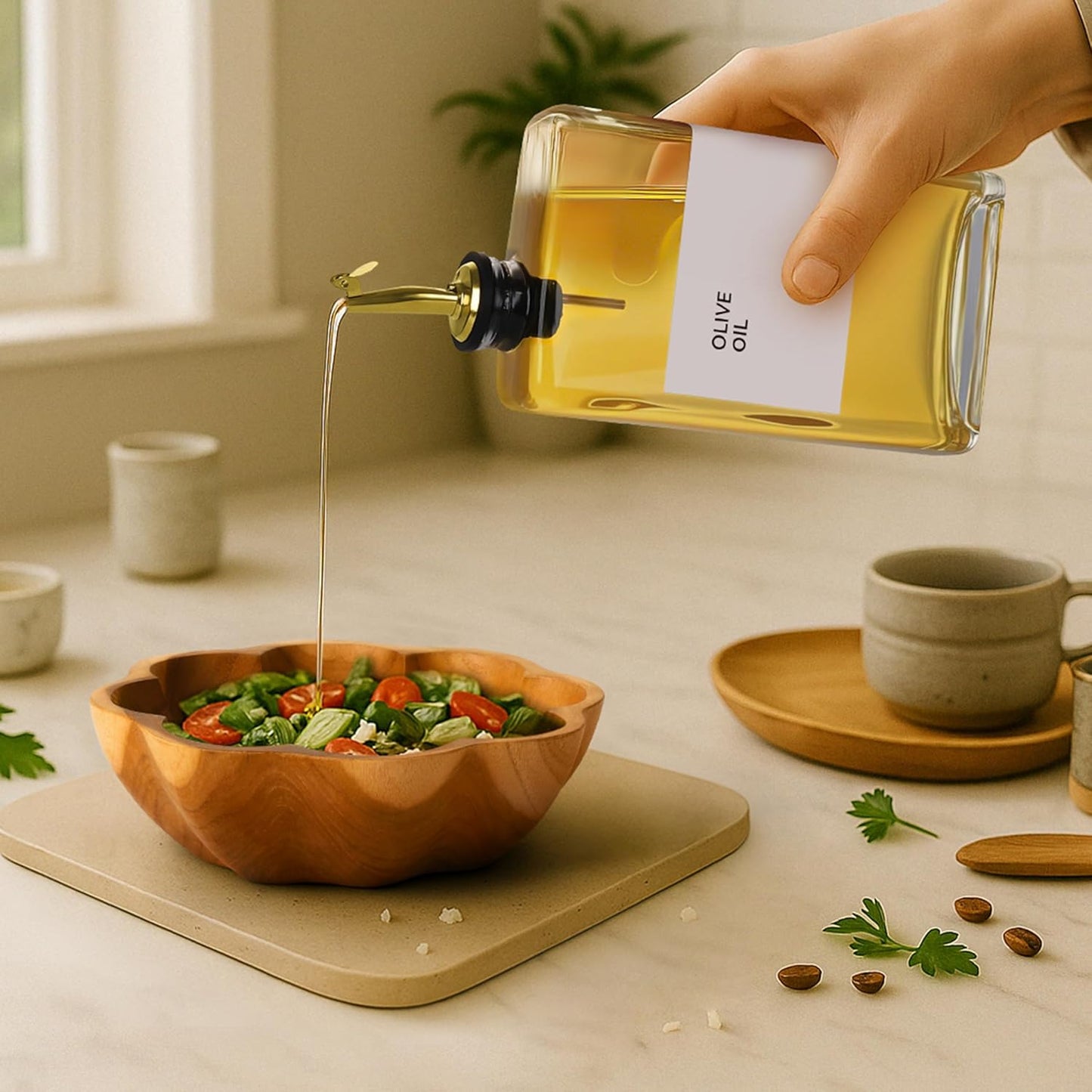 Olive Oil Dispenser Bottle - Includes 44 Kitchen Essential Labels - Cooking Oil Bottles for Kitchen, Coffee Syrup Dispenser - Pourer Spout with 11.8 fl oz Glass Container Cruet - 2pcs, Gold