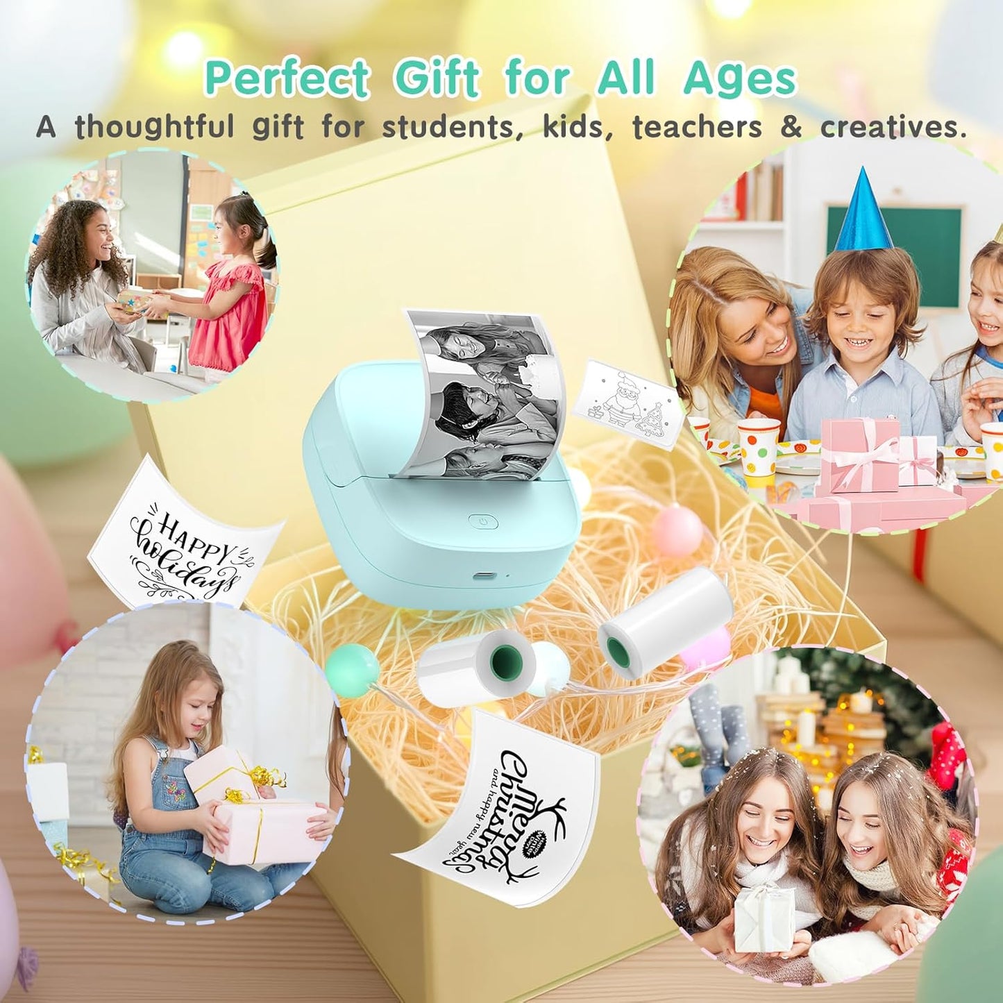 JD-23 Sticker Printer, Mini Portable Thermal Printer Print Pod, Inkless Bluetooth Label Maker Machine for DIY Crafts, Journaling, Office & Home Use, Includes 2 Rolls Sticker Paper