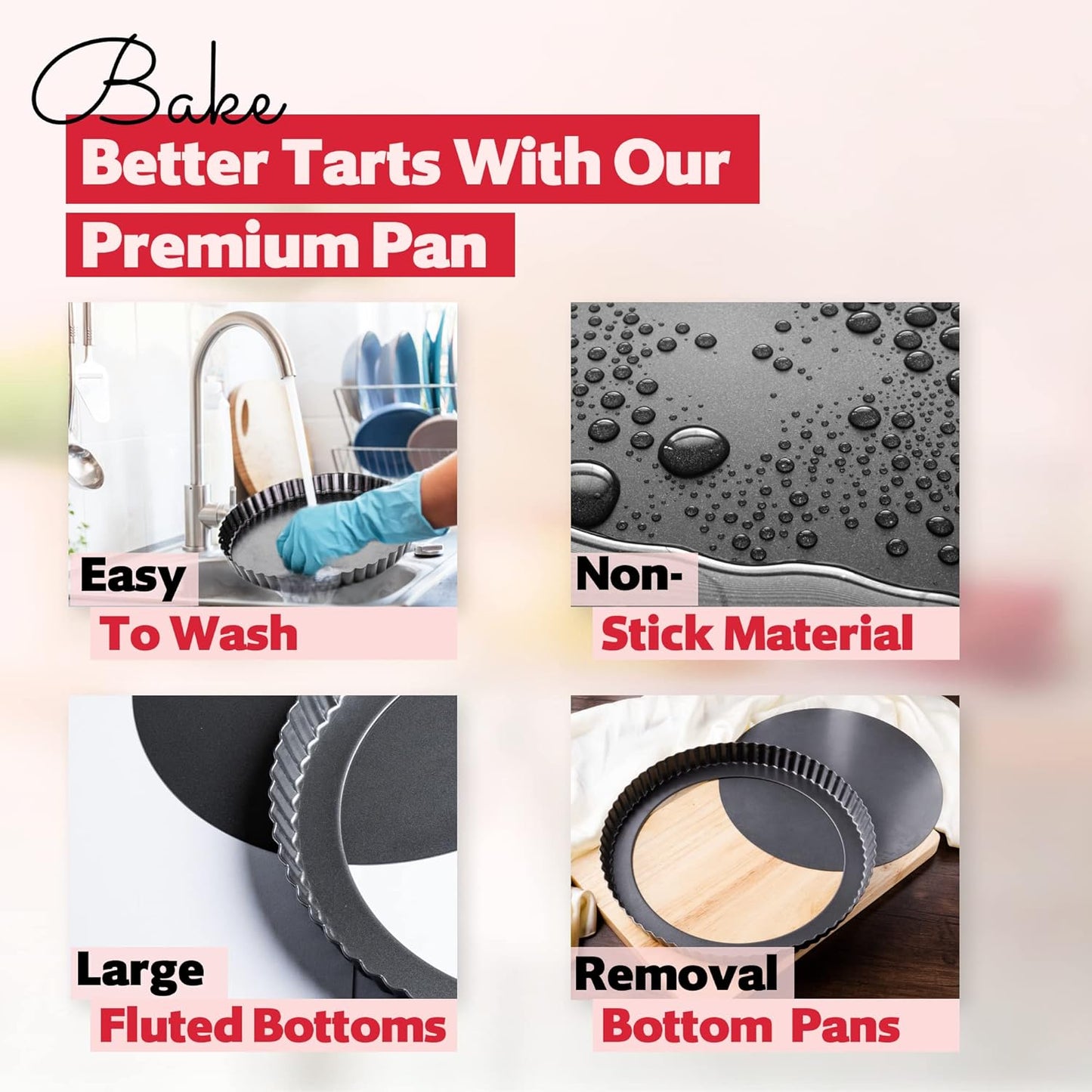 Tart Pan 11 Inch Removable Bottom- Carbon Steel Deep Quiche Pan, Rust, & Temperature Resistant 550-600 °F– Non-Stick, Perfect for Baking Fruit Tarts, Quiches & Dessert