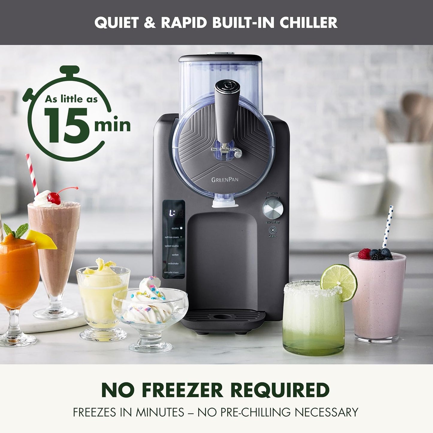 GreenPan Frost Ice Cream Machine & Frozen Drink Maker, Soft Serve, Slushie, Milkshakes & Cocktails, No Freezer Needed, 15-in-1, 7 Textures, Quiet & Rapid, Easy Clean, Family Size, Licorice Gray
