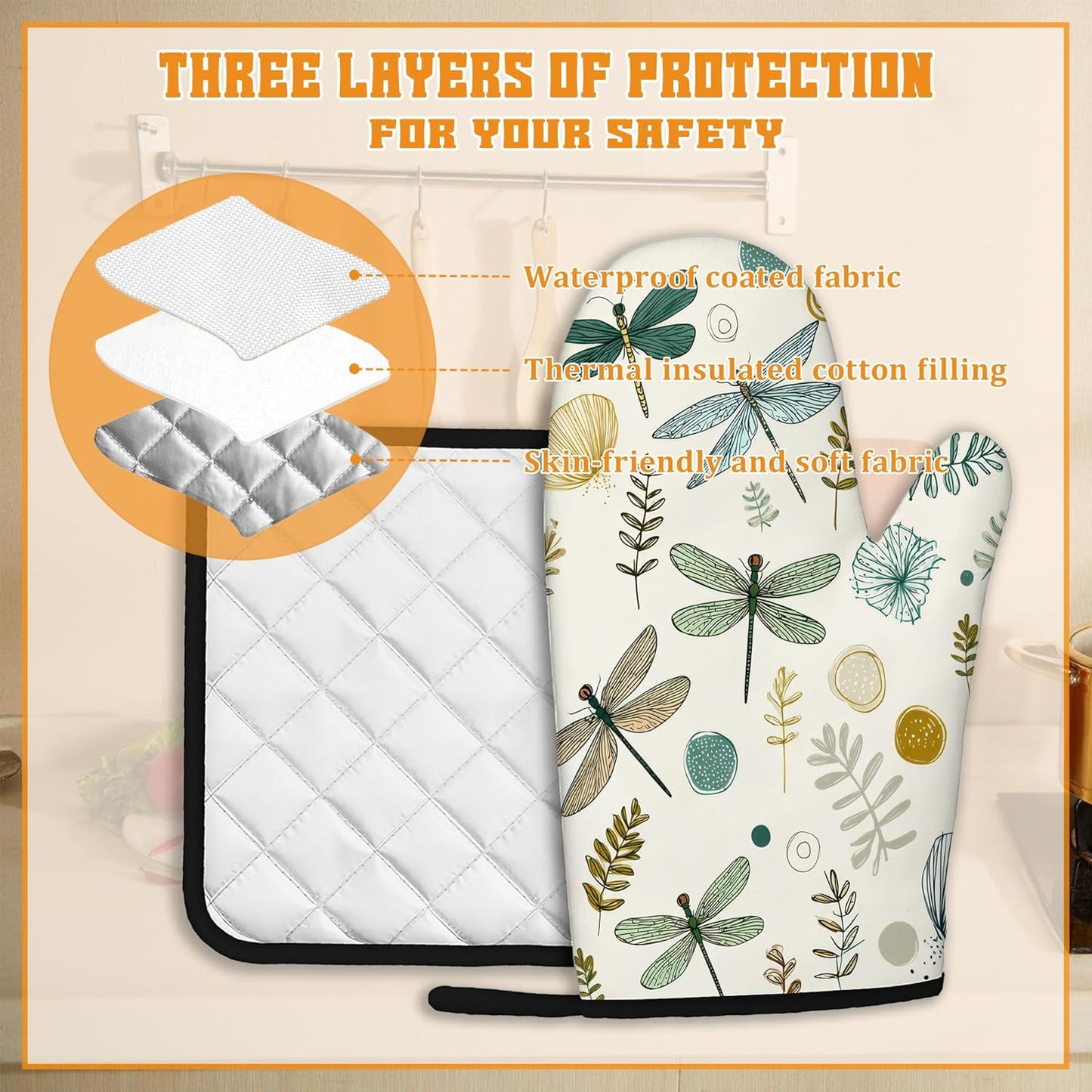 Vintage Dragonfly Oven Mitts and Pot Holders,Boho Heat Resistant Oven Mitts Gloves and Pot Holder for Home Kitchen Decorations Cooking Baking BBQ Gifts,Set of 4