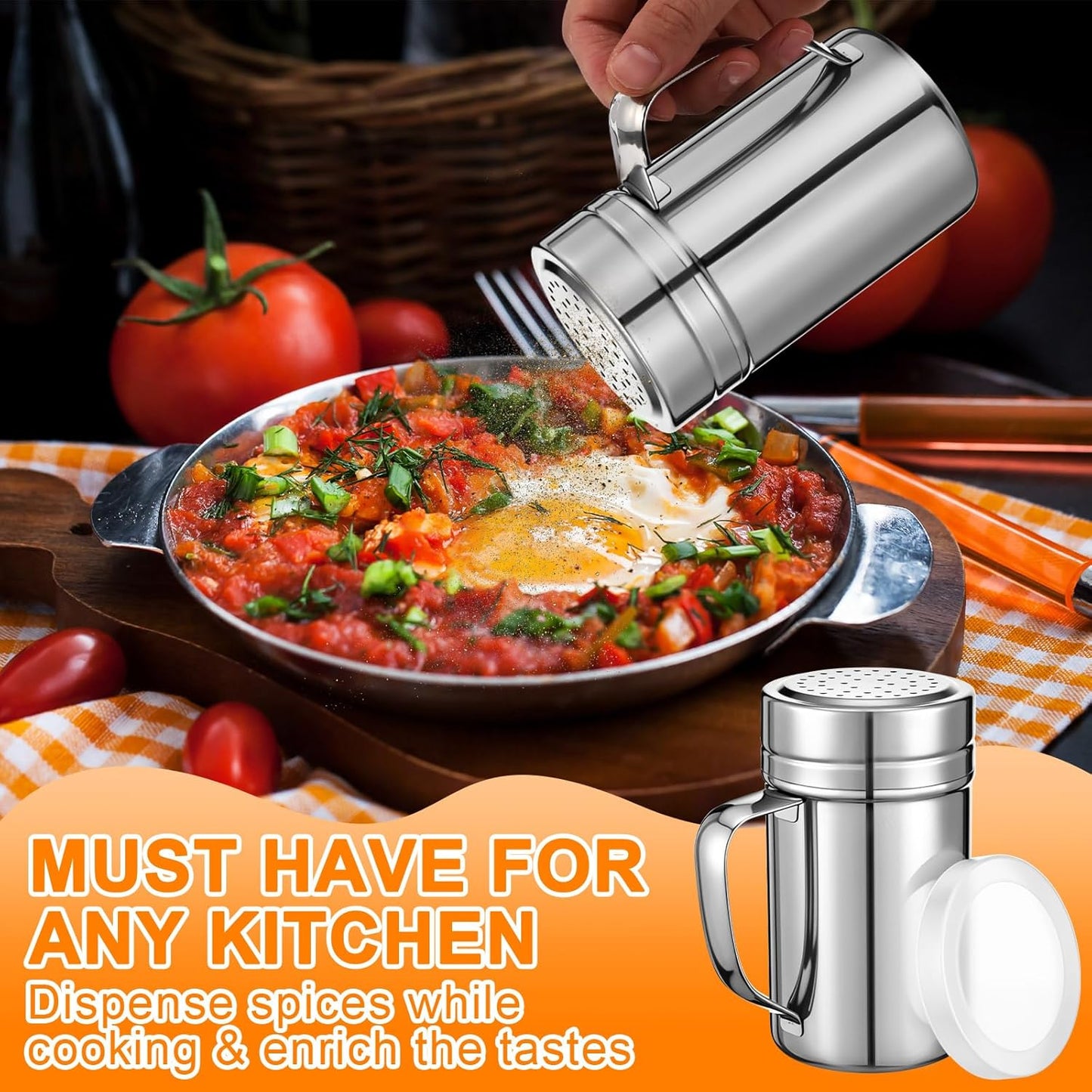 Lallisa 4 Pcs Stainless Steel Salt and Pepper Shakers with Lid and Handle Dredge Spice Seasoning Condiment Popcorn Salt Shaker Powder Sugar Flour for Cooking Kitchen Baking (14oz)