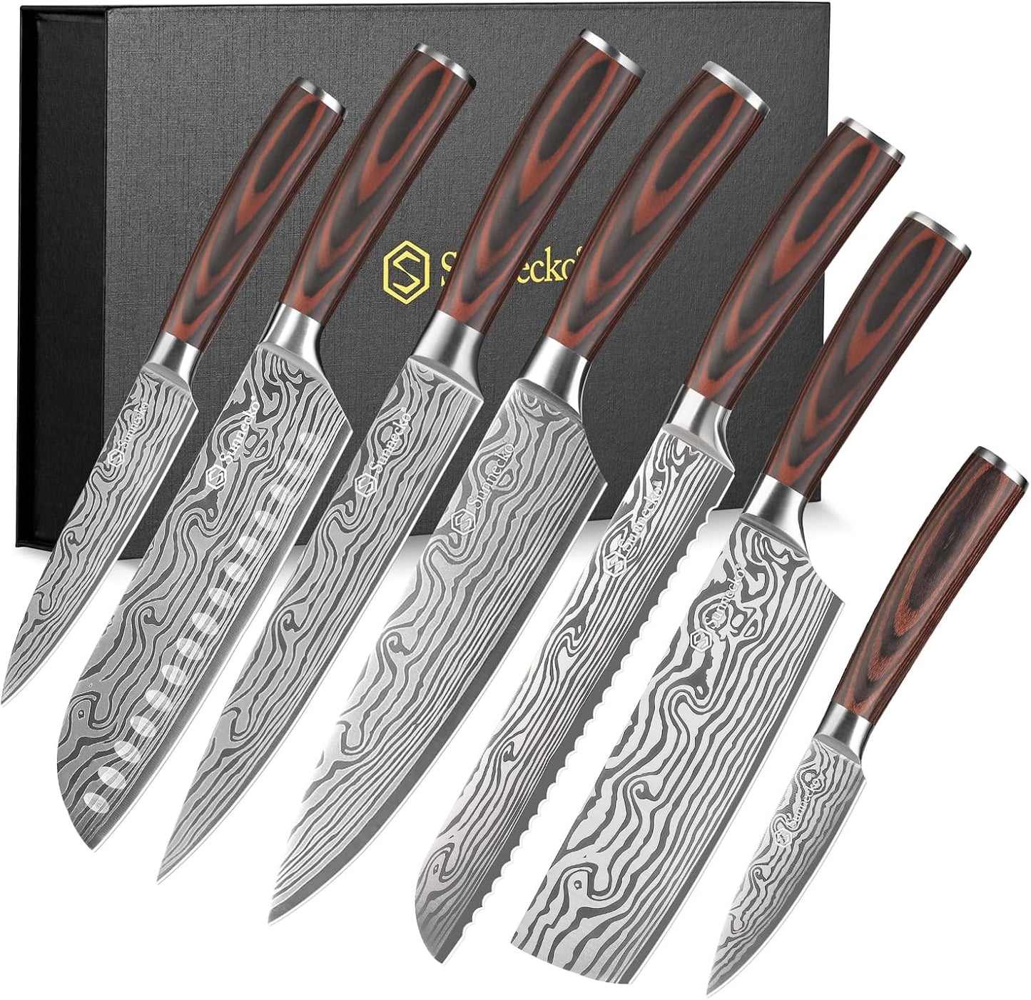 Sunnecko Kitchen Knife Set 7 Piece Chef Knife Set Professional High Carbon Stainless Steel, Sharp Kitchen Knives with Wooden Handle