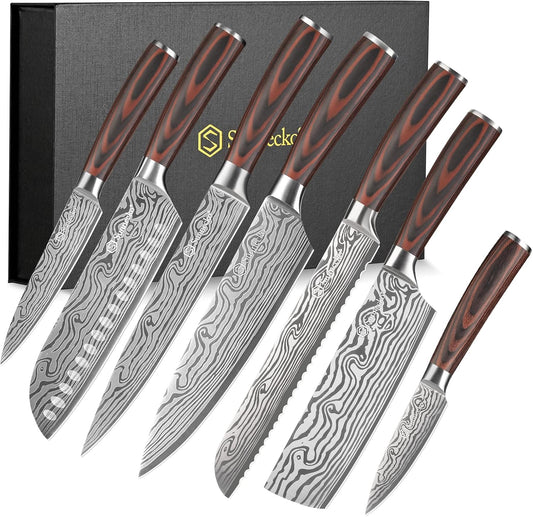 Sunnecko Kitchen Knife Set 7 Piece Chef Knife Set Professional High Carbon Stainless Steel, Sharp Kitchen Knives with Wooden Handle