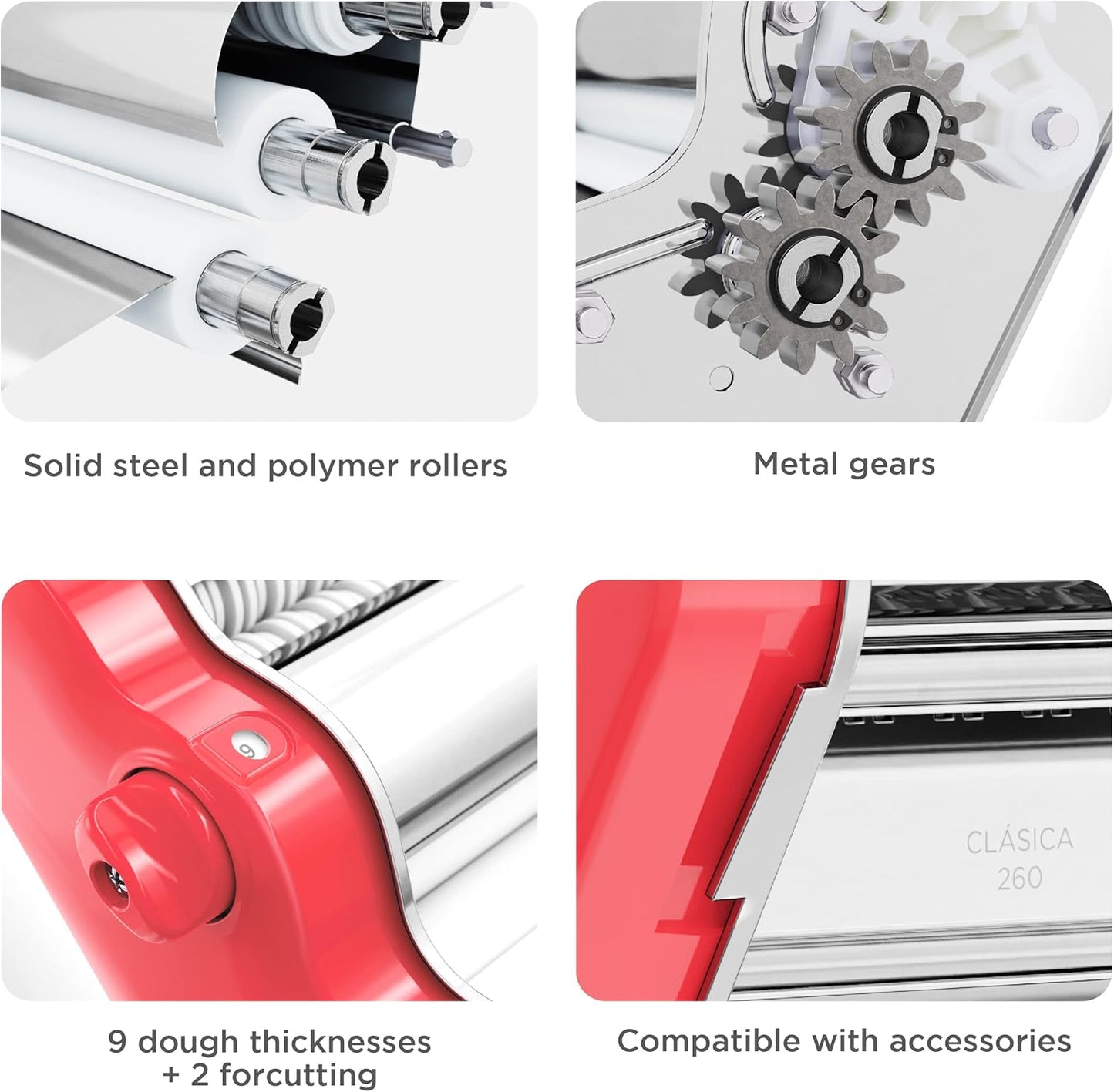 PASTALINDA Classic 260 Pasta Maker Machine, 26 cm Wide Rollers, 9 Thickness Positions, 2 Cutting Positions, Stainless Steel. Includes Reinforced Hand Crank And Two Clamps (Coral)