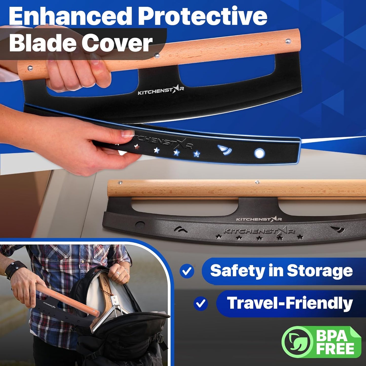 KitchenStar 14-Inch Pizza Cutter Rocker Blade - Razor Sharp Stainless Steel Slicer Knife, Stylish Beech Wood Handle, Protective Cover - Professional Pizza Oven Accessories, Black