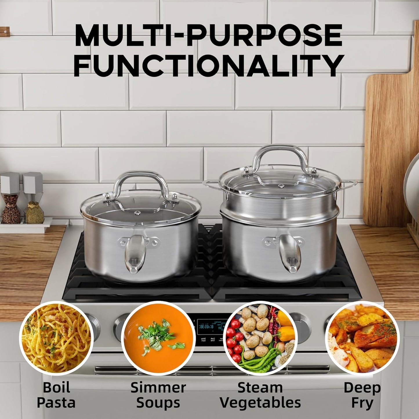 Leetaltree 1.5 and 2.5 Quart Stainless Steel Saucepan with Steamer Basket, Tri-ply Construction, Multipurpose Sauce Pan with Double-sized Drainage Lid - Perfect for Cooking Gravies, Pasta, Vegetable