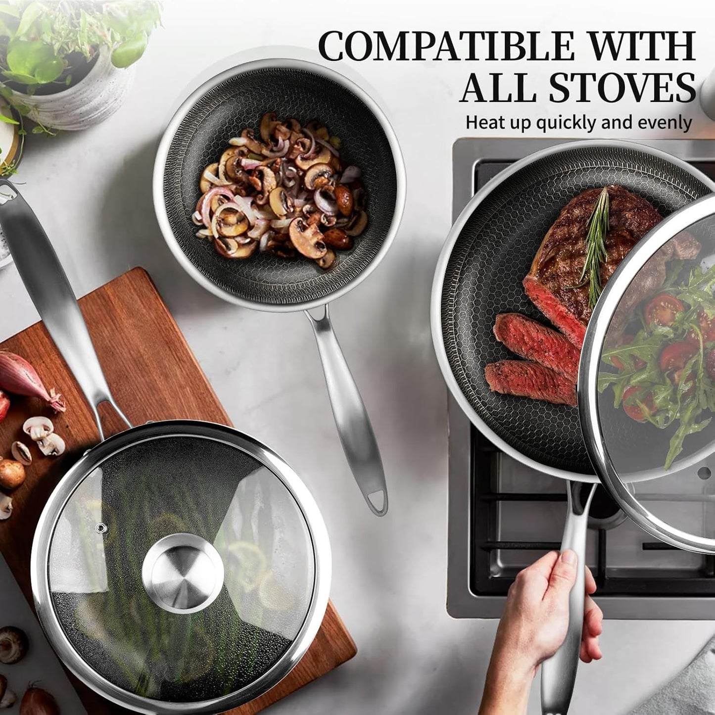 6 Pieces Stainless Steel Frying Pan Set with Lids, Honeycomb Nonstick Frying Pan Set 3 Pcs,Induction Skillet Set Egg Omelette Frying Pan Set W/Lid, Induction Compatible, PFOA Free