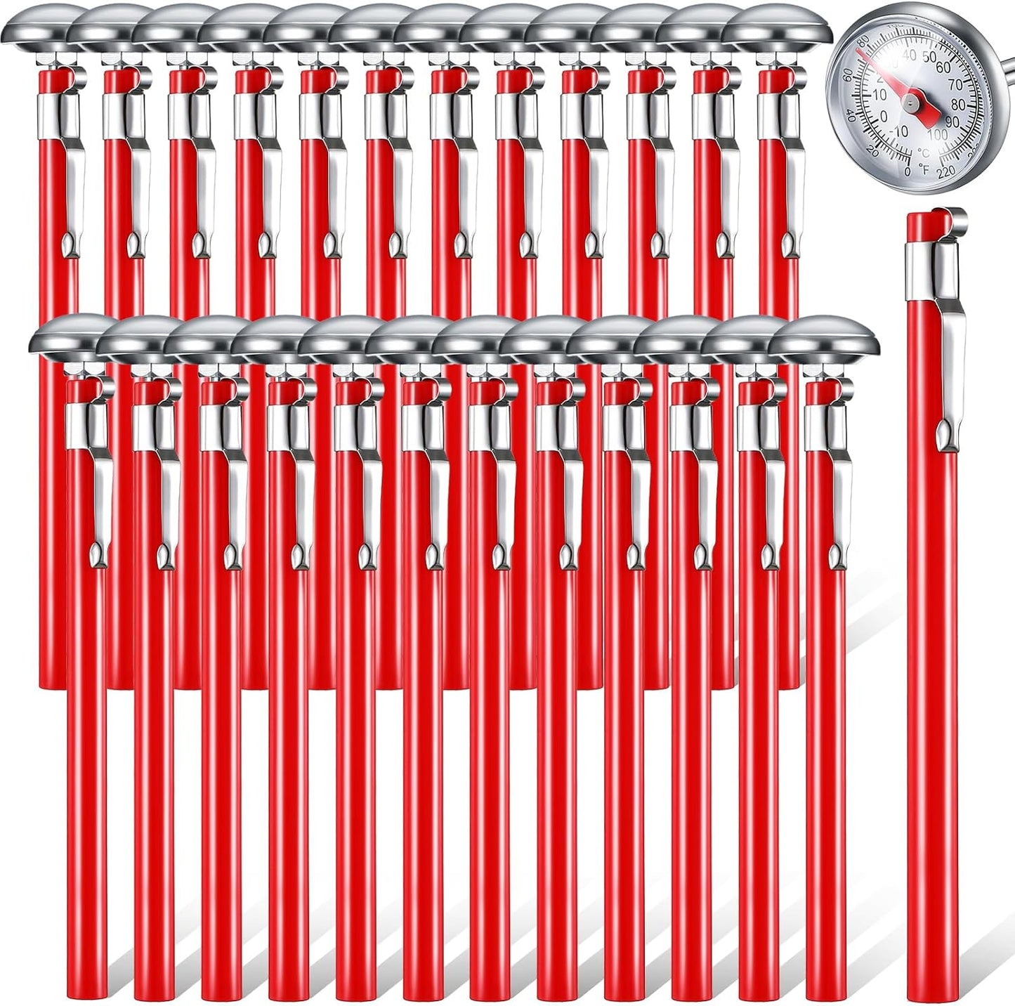 Xuhal 24 Pcs Stainless Steel Kitchen Thermometer with 5 Inch Long Stem 1 Inch Dial Thermometer Milk Frothing Food for Oven Probe Meat Grill BBQ Cooking Chocolate Water (Red)