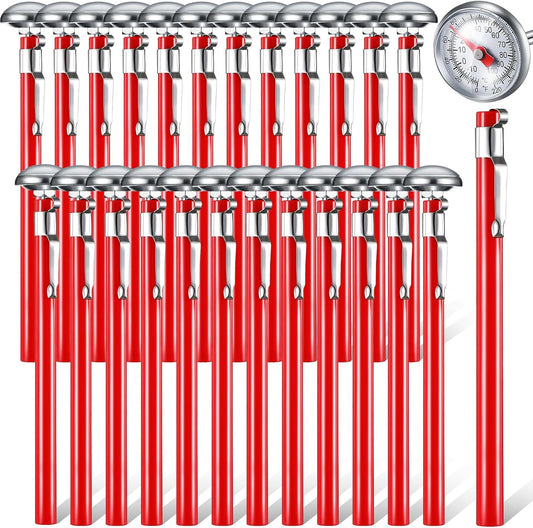 Xuhal 24 Pcs Stainless Steel Kitchen Thermometer with 5 Inch Long Stem 1 Inch Dial Thermometer Milk Frothing Food for Oven Probe Meat Grill BBQ Cooking Chocolate Water (Red)