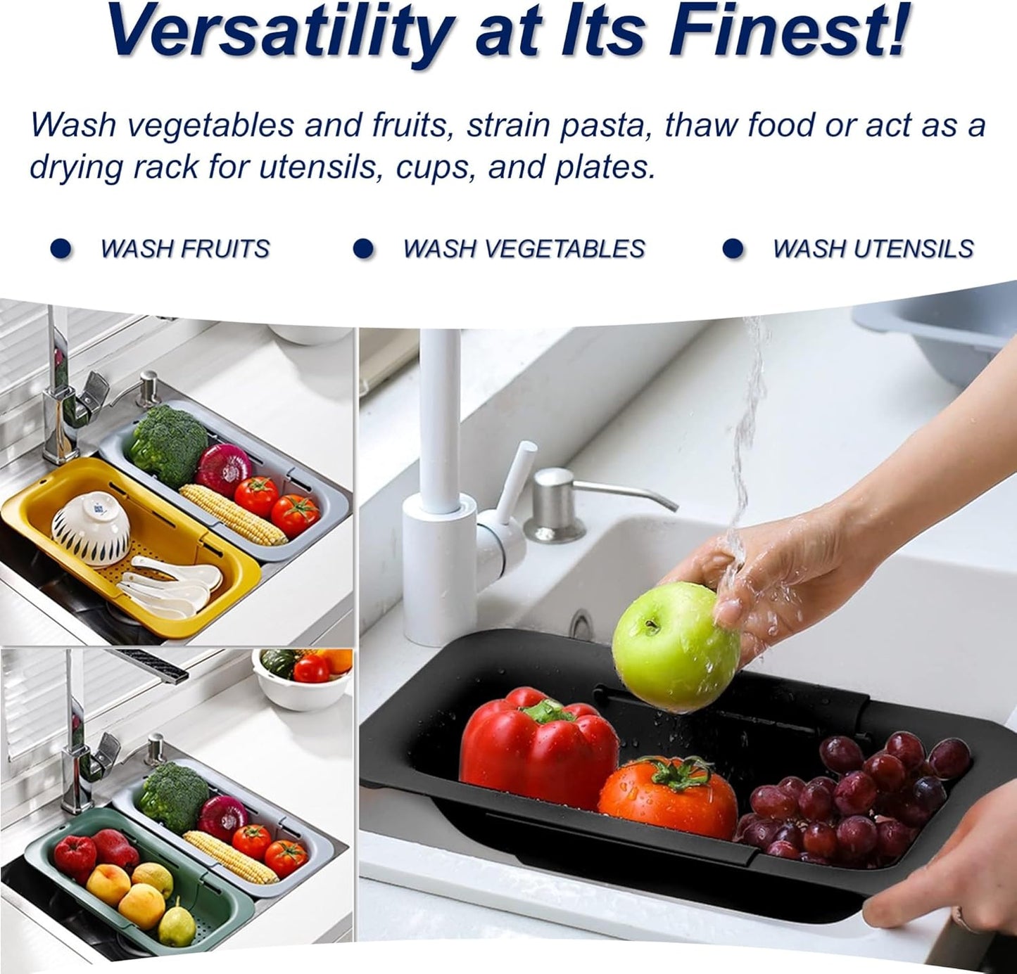 Extendable Sink Colander Strainer Basket - Wash Vegetables and Fruits, Drain Cooked Pasta and Dry Dishes - Adjustable Over the Sink Colander Collapsible Drainer Basket - Black