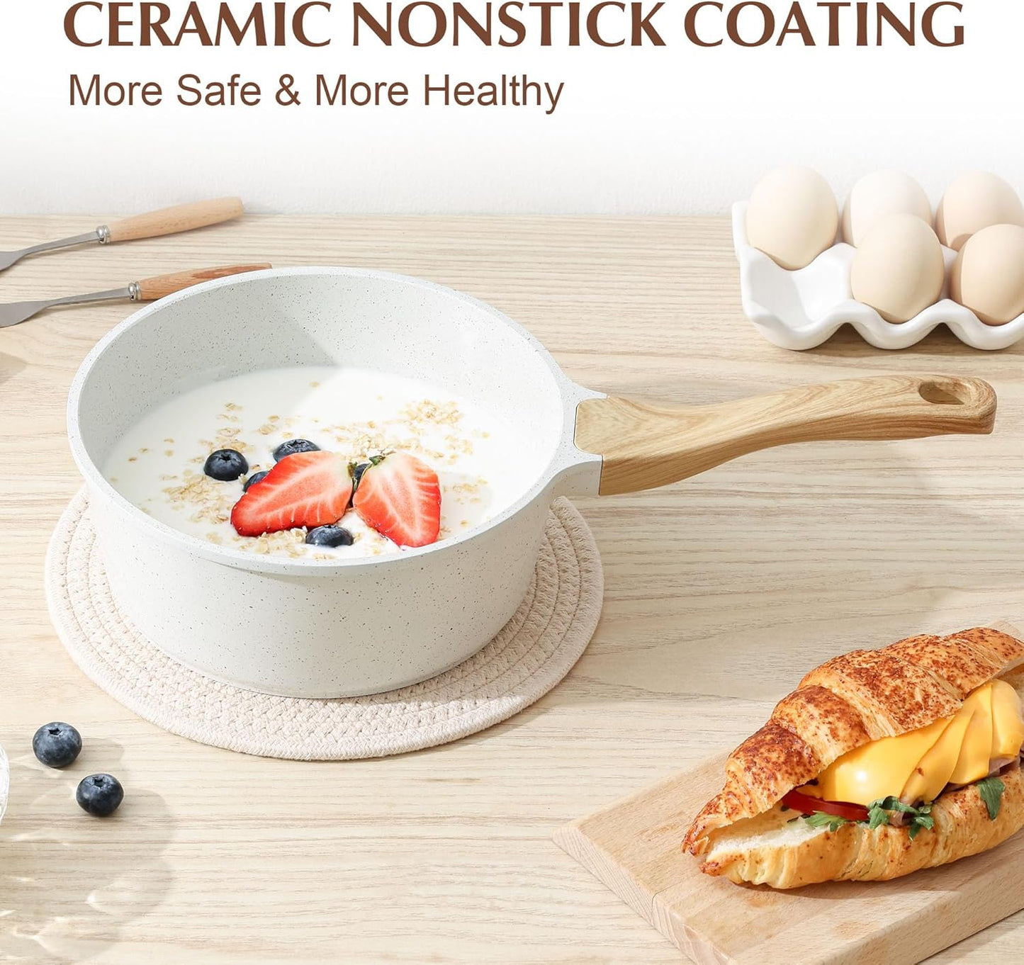 SENSARTE White Ceramic Nonstick Saucepan with Lid 2.5 Quarts, Medium Cooking Pot with Stay Cool Handle, Induction Compatible Saucepot, White Granite Coating, Free of Intentionally Added PTFE/PFOA/PFAS