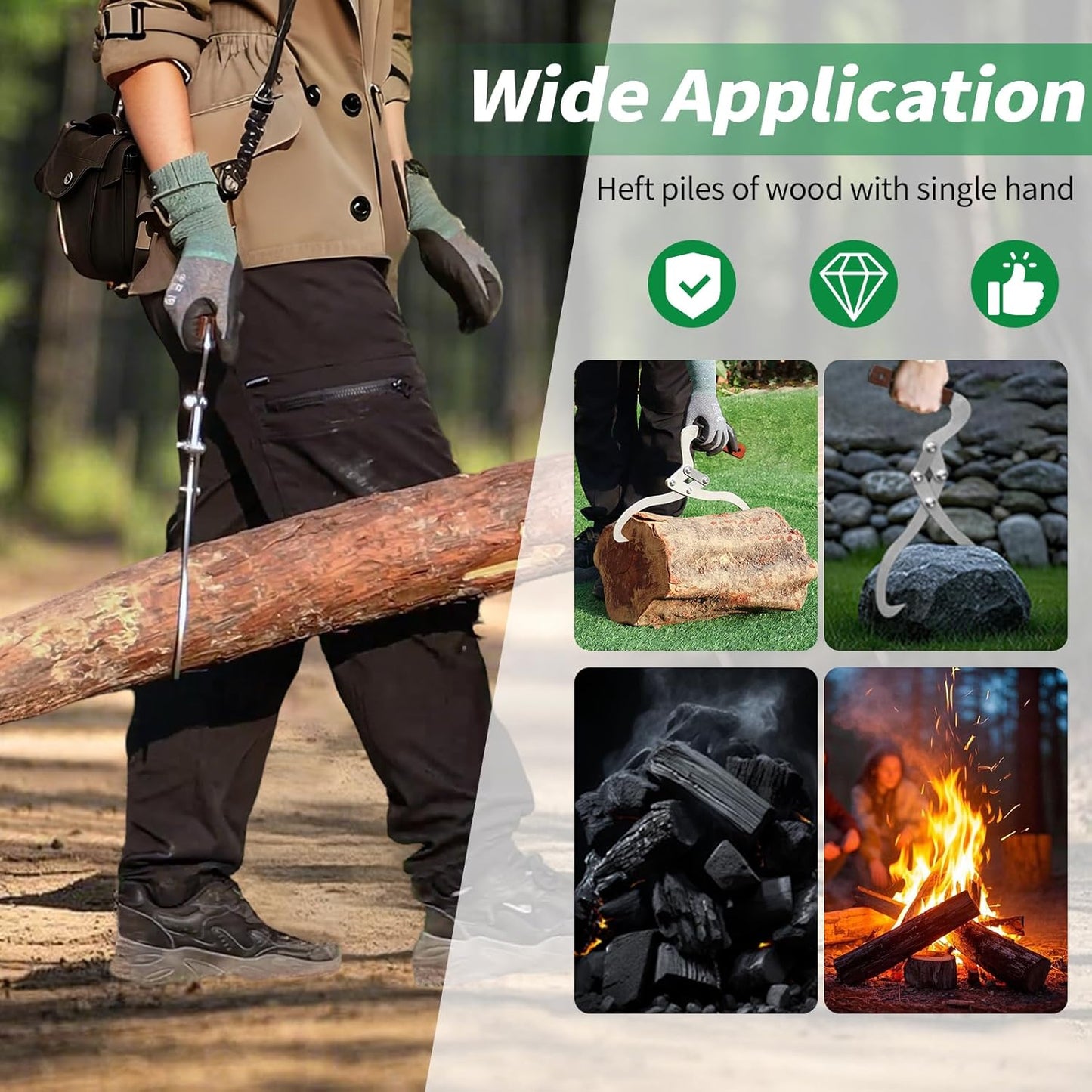 12 Inches (300MM) Log Tongs Firewood Tong with Handle Non-Slip, Claw Log Lifting Tool for Lifting, Handling, Dragging and Carrying Logs,Wood Handle 2 Claw Skidding Tongs