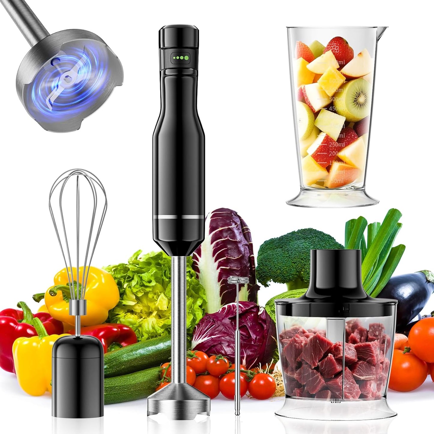 G.a HOMEFAVOR Handheld Corded Hand Blenders Set: 1000W Trigger Variable Speed 5 in 1 Stick Blenders with Stainless Steel Blade, Mixing Beaker, Whisk, Milk Frother for Soup, Baby Food, Smoothies