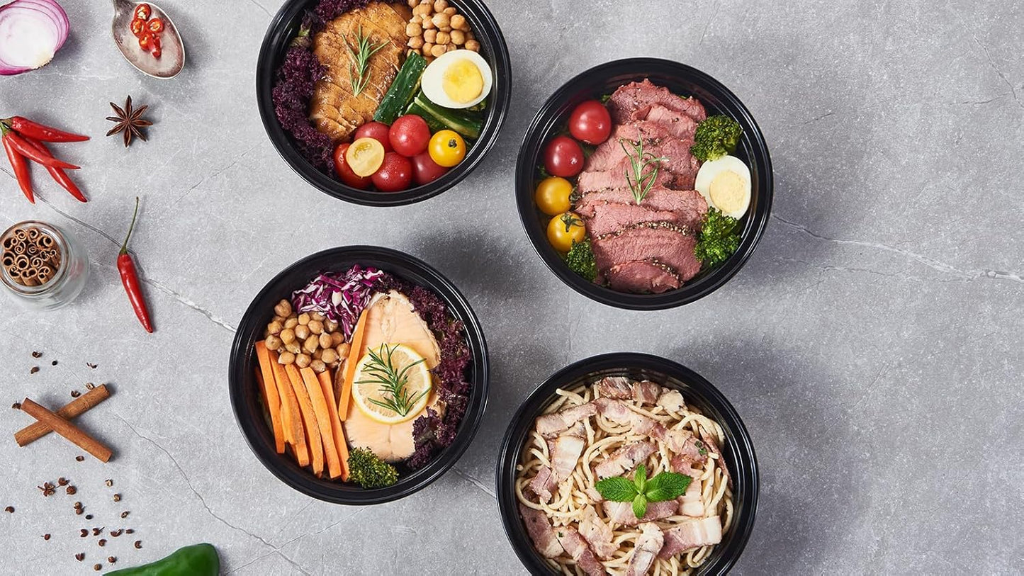 FULING 38 oz 150 ct Round Meal Prep Containers with Lids Plastic Food Storage To Go Lunch Plan Box Disposable Take Out Bowls Black BPA Free Reusable Durable Stackable Microwave Freezer Dishwasher Safe