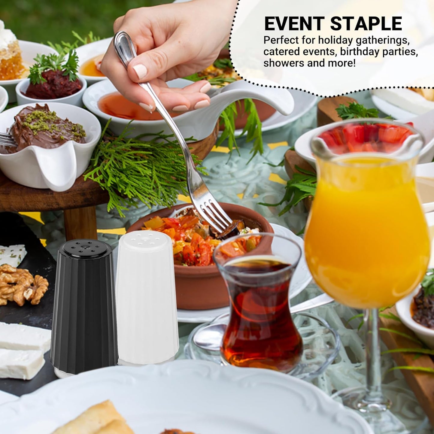 Disposable Salt and Pepper Shakers by Global Basics - Plastic Shaker Sets for Parties, Restaurants, Picnics, Cookouts - Prefilled Salt and Pepper Shakers with 4oz. Salt, 1.5oz. Pepper - 12-Pack