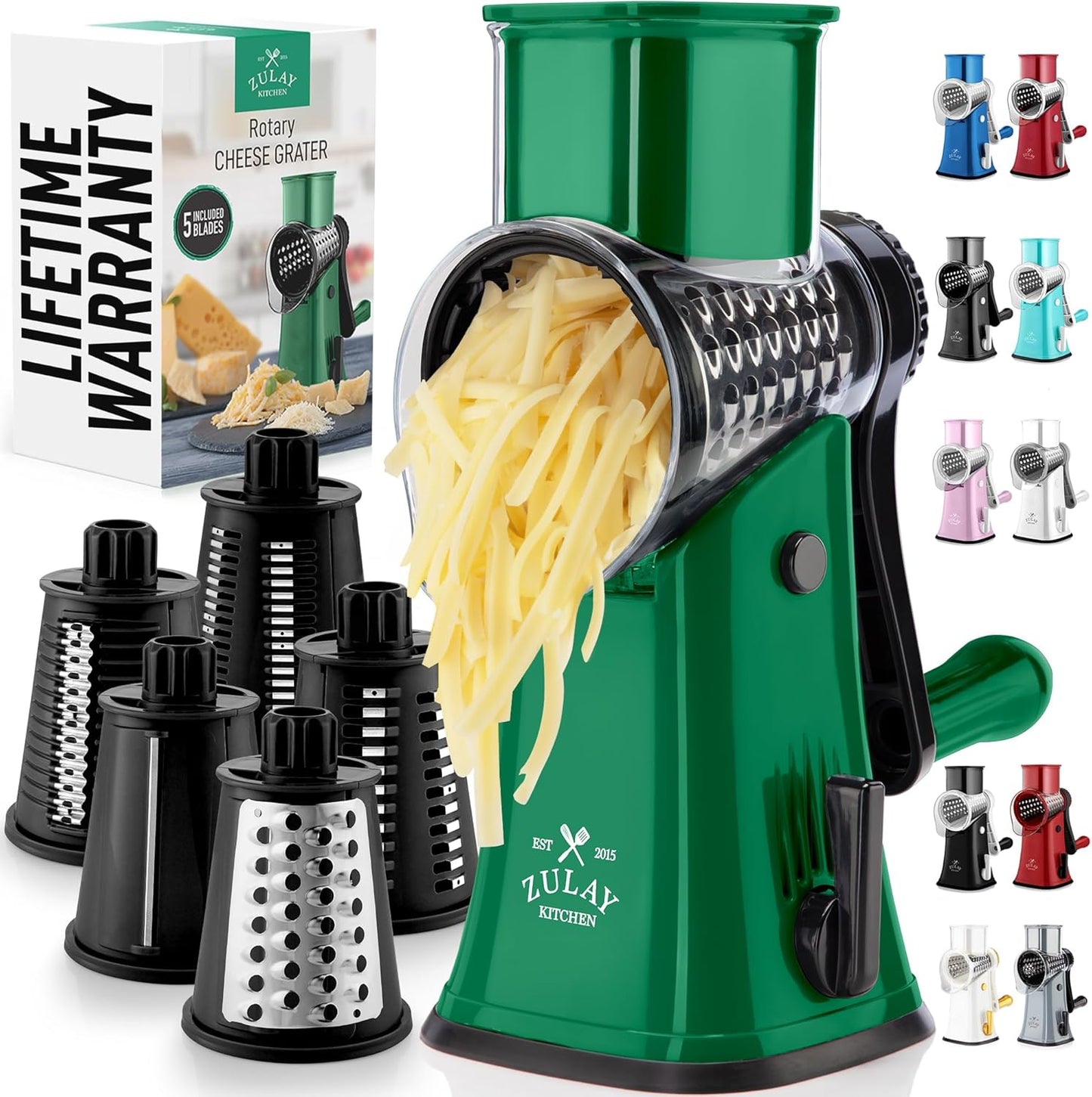 Zulay Kitchen Rotary Cheese Grater 5 Blade Cheese Shredder - Manual Hand Crank Cheese Grater With Reinforced Suction & 5 Interchangeable Drums - Easy to Use, Vegetable Chopper Round Mandoline Slicer