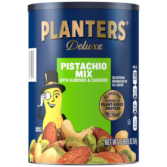 PLANTERS Pistachio Nuts Lovers Nut Mix with Pistachios no shell, Almonds & Cashews, Party Snacks, Plant-Based Protein, After School Snack, Bulk Nuts, Kosher 1lb 2.5oz