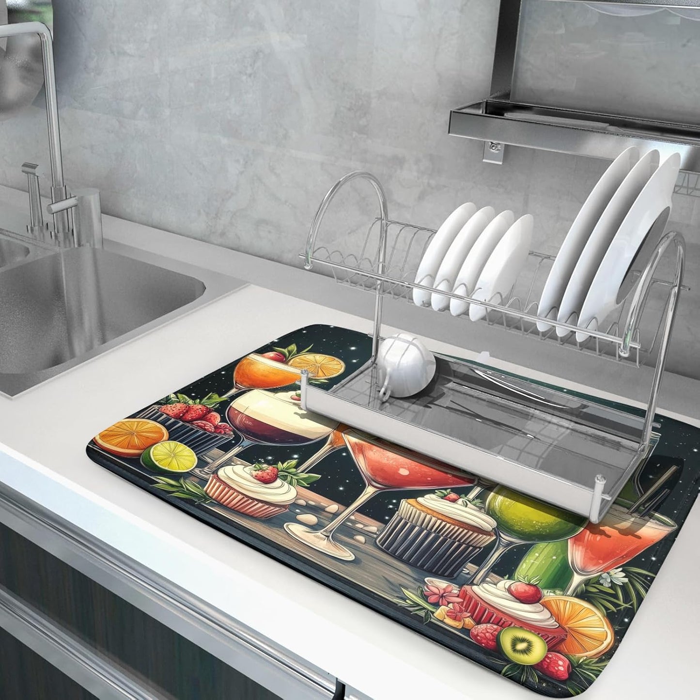 Wine Glass Dish Drying Mat - Summer Party Absorbent Microfiber Kitchen Drying Pad for Counter Decoration