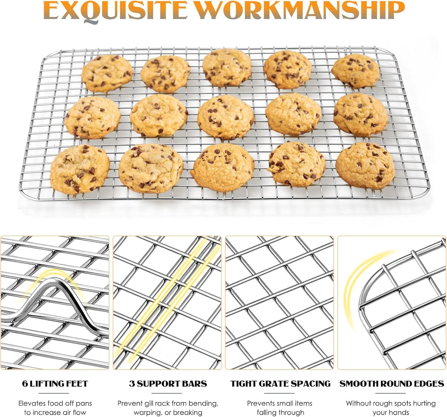 Cooling Rack Set of 2, E-far Stainless Steel Baking Rack for Oven Roasting Cooking Bacon Cooling Cookie Cake, 15.3” x 11.2” Metal Bakeable Mesh Grilling Wire Racks, Non-toxic & Dishwasher Safe