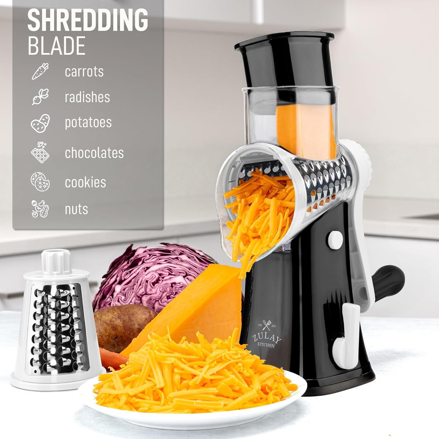Zulay Kitchen Rotary Cheese Grater 5 Blade Cheese Shredder - Manual Hand Crank Cheese Grater With Reinforced Suction & 5 Interchangeable Drums - Easy to Use, Vegetable Chopper Round Mandoline Slicer